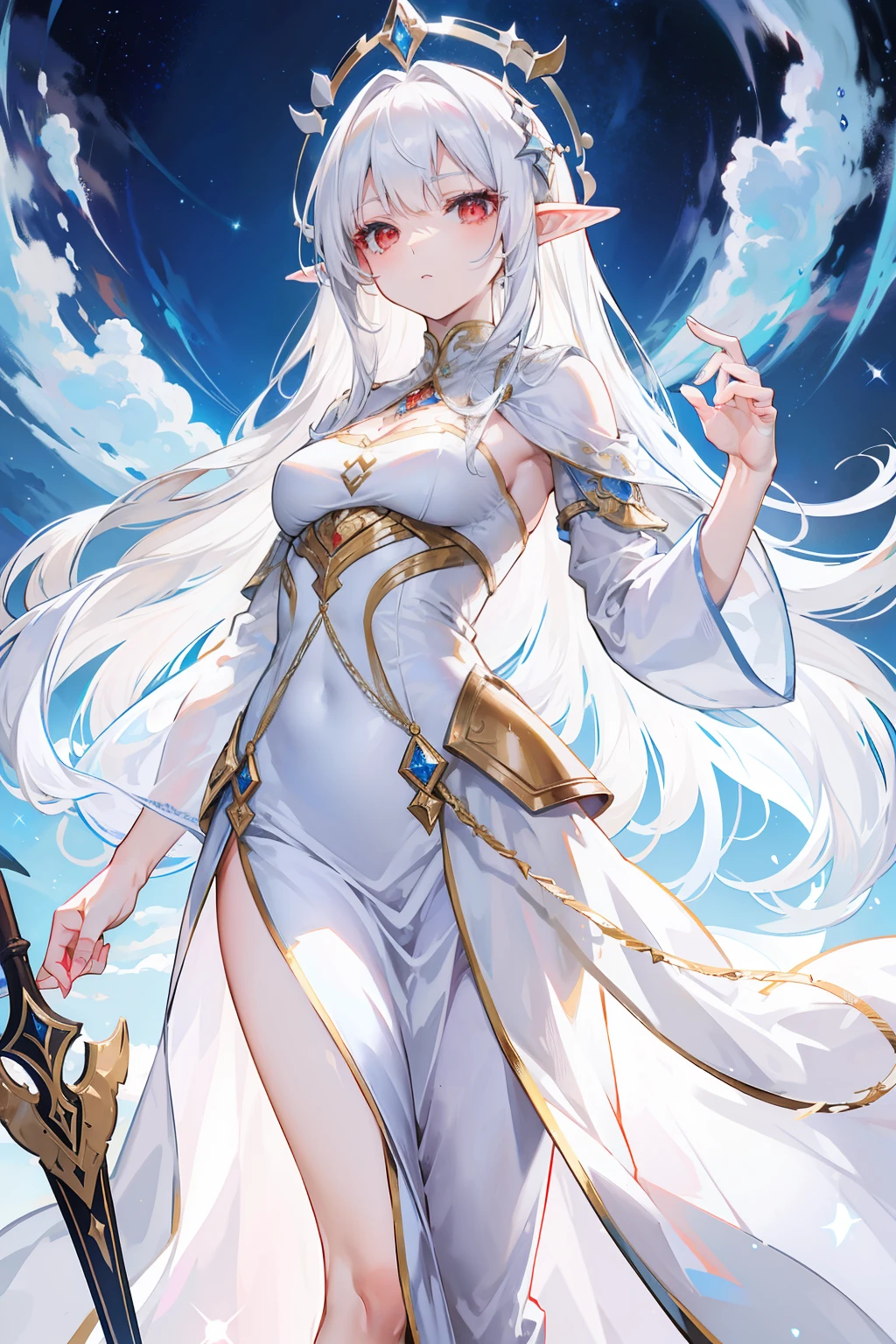 Wearing a long white gold dress,Beautiful and elegant elf commander,White hair and red eyes,The background is a tree trunk,The sky is the stars,The chest is moderate
