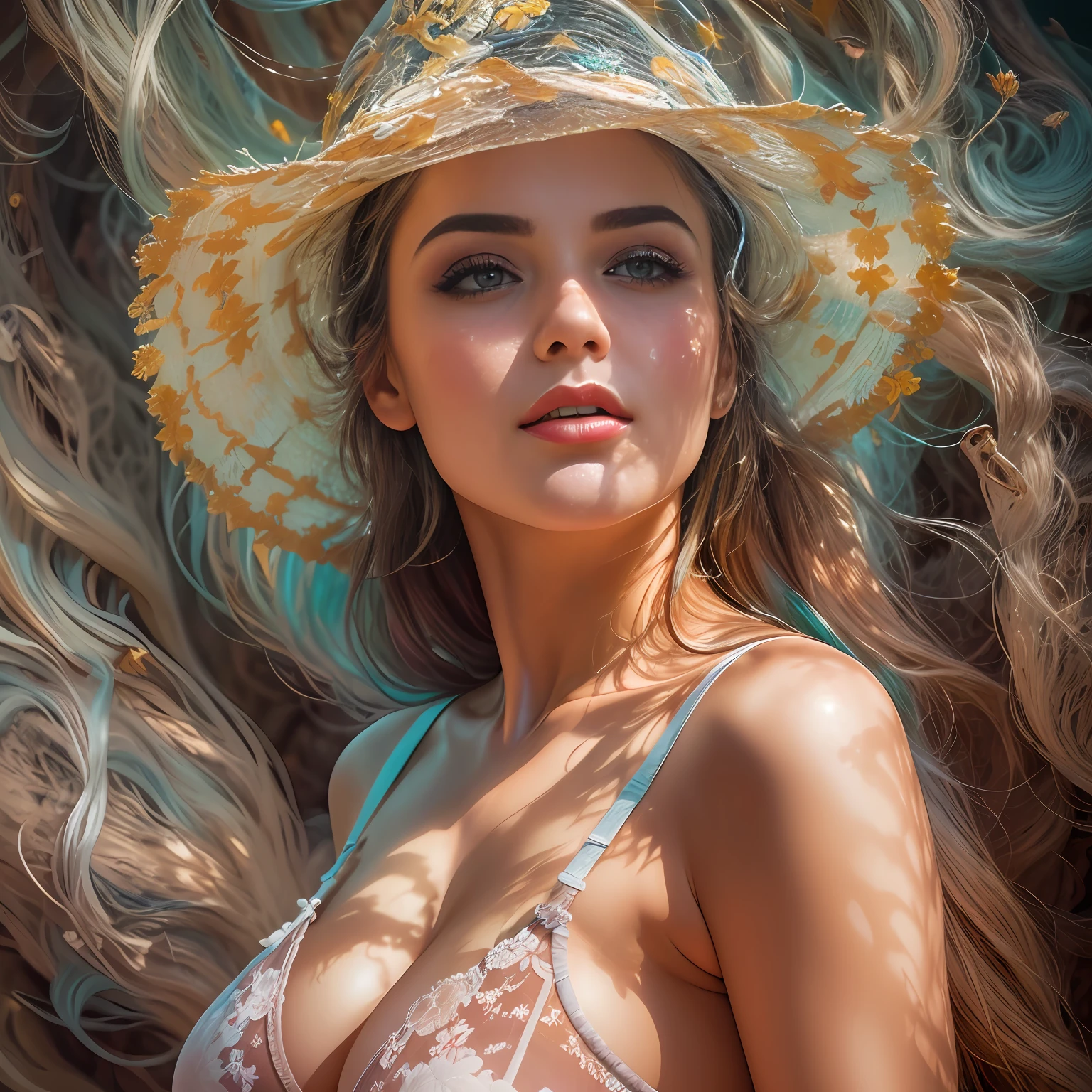 beautiful girl, beautiful face, full body, underwear, Latin, European, fairytale landscape, psychedelic, mixed media, poster art, surreal, impressionism, modern, abstraction, painting

HDR photography, hyperrealistic, photorealistic, high resolution, 8k, extremely high resolution, masterpiece, dramatic lighting, luminous graphics, dark theme, glowing, add_detail:.2, ((pronounced skin texture on the face, transparent underwear, big breasts, pin-up art, retro Playboy magazine)), to8contrast style,