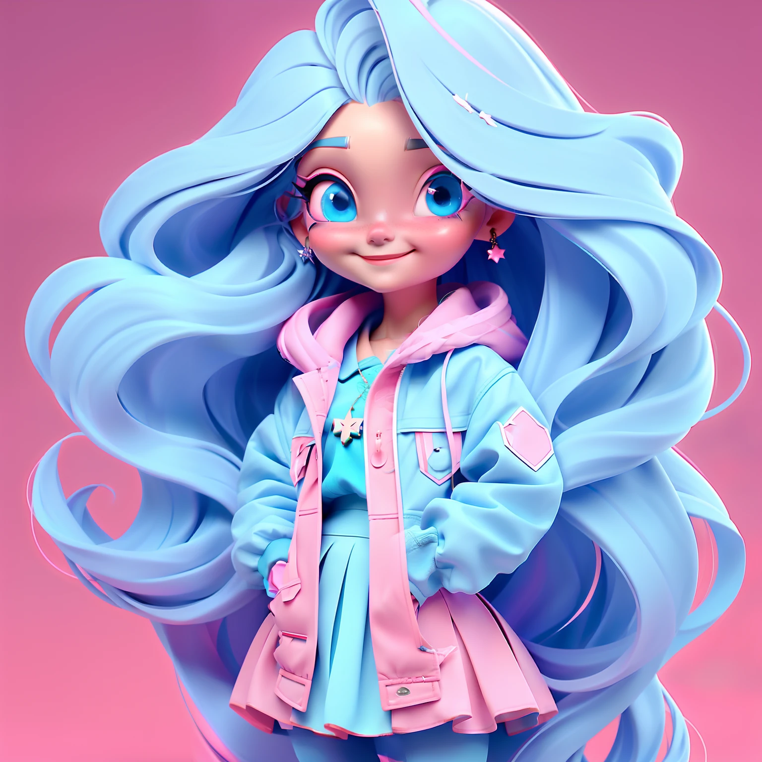 1girl, long hair, blue eyes, earrings, jewelry, solo, skirt, looking at viewer, PINK hair, smile, very long hair,star hair ornament, jacket, lips, simple background