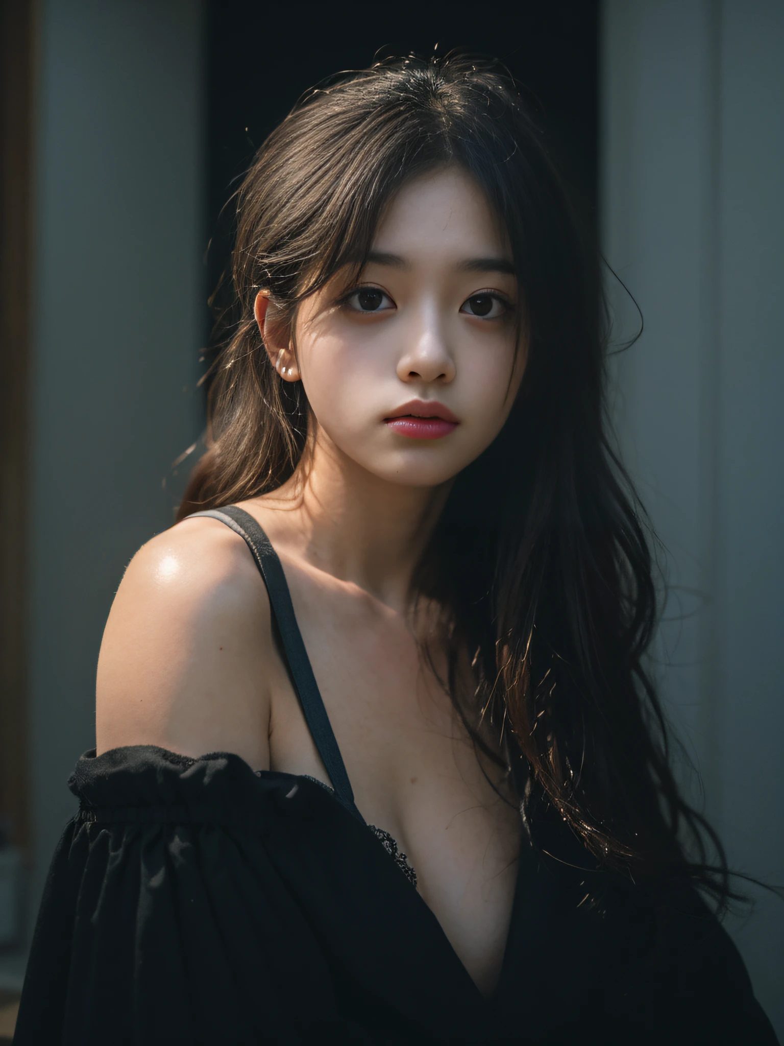 Best quality, masterpiece, ultra high res, (photorealistic:1.4), raw photo, 1girl, offshoulder, in the dark, deep shadow, low key, cold light --auto