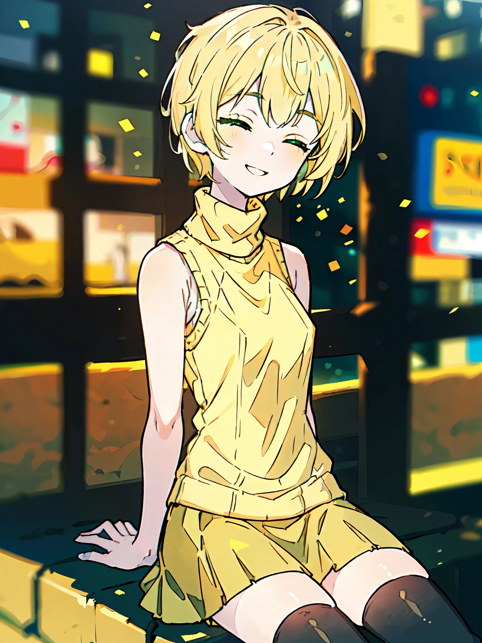 ((masterpiece)), ((pale skin)), (bokeh effect), (dynamic angle), (blurry background:1.3), sharp eyes, (solo:1.2), (female:1.1), (blonde:1.1), (yellow sweater:1.5), (green short skirt:1.5), (short hair:1.1), bare shoulders, (black thighhighs:1.2), (sleeveless:1.2), (turtleneck:1.2), (smile:1.2), (closed eyes:1.3)