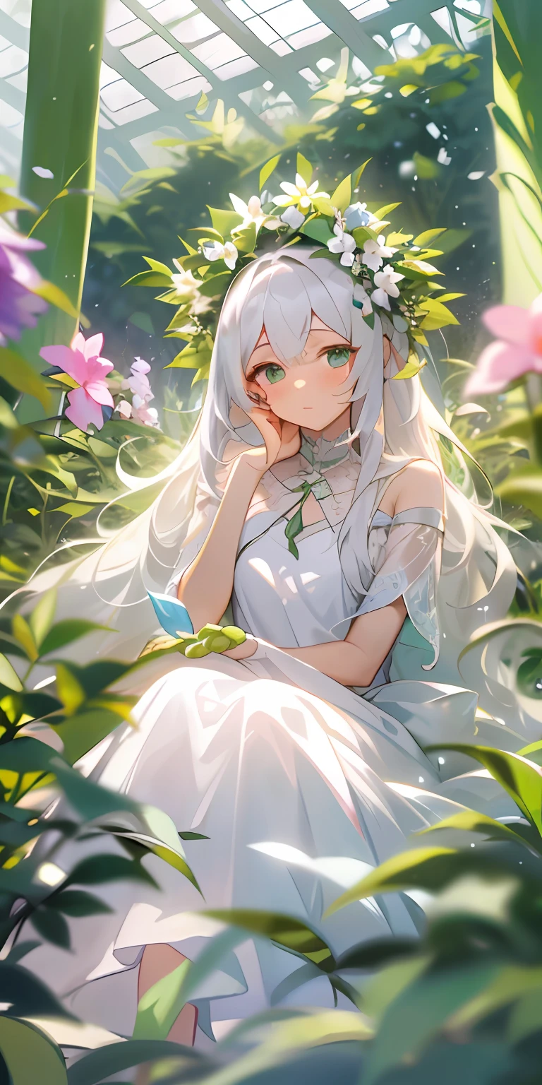 (masterpiece, best quality),1girl with long white hair sitting in a field of green plants and flowers, her hand under her chin, warm lighting, white dress, blurry foreground