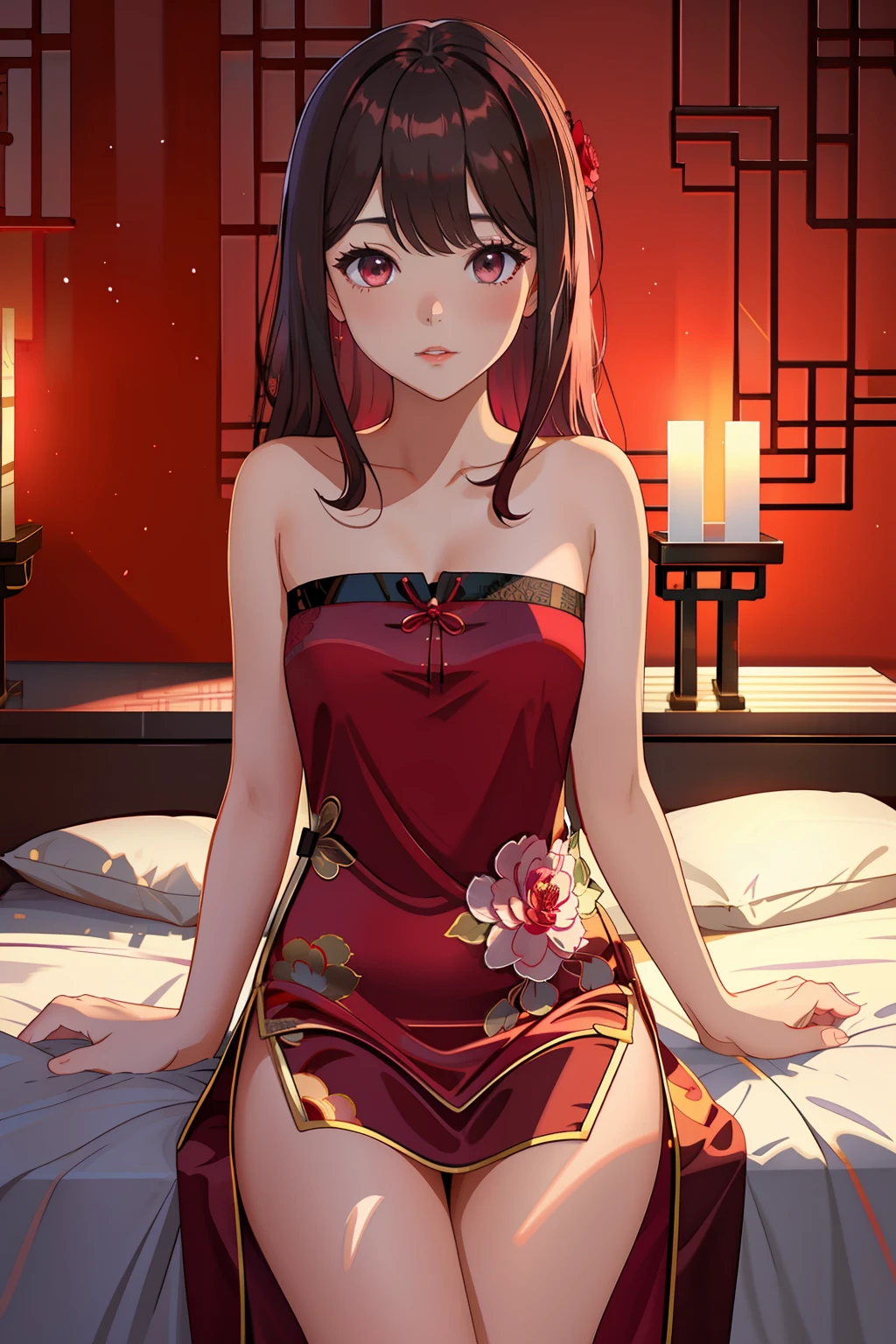 Pubic area is clear，4k wallpaper，HighestQuali，1 teenage girl，brunette color hair，Black eyes，Burgundy silk nightdress（Peony flower pattern），Reallightandshadow，Warm lighting，Chinese style bedroom，Traditional red silk bedding，Traditional Chinese gardens，suburb，nighttime scene，nigh sky，galactic，The upper part of the body