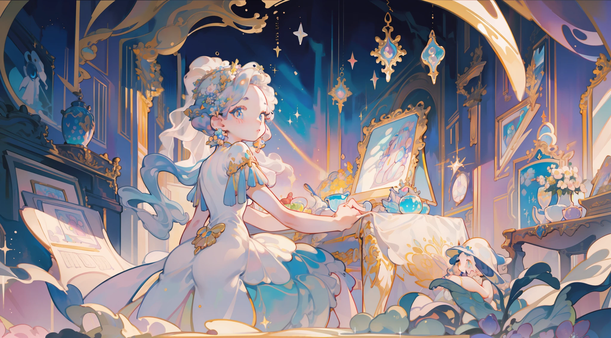 masterpiece, best quality, 8k resolution, sharp focus, intricate detail, beautiful girl, sparkling eyes, golden ratio face, otherworldly liquid, watercolor, ((pastel colors)), bright colors, whimsical, colorful, sharp focus, high resolution, fine detail, intricately detailed layered ballgown, ((round eyes)), iridescent bubbles, castle landscape in background