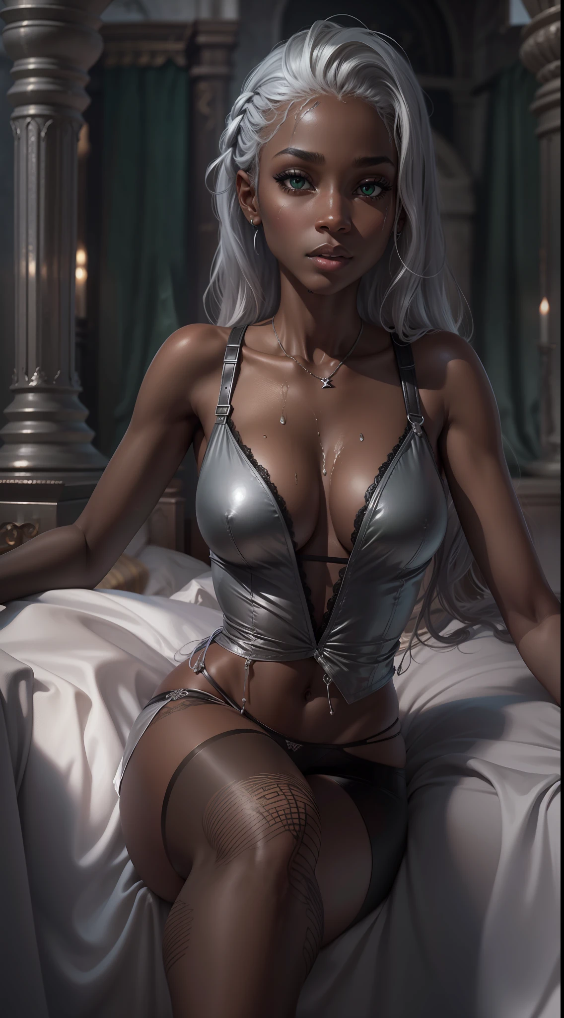 young black woman, medium , long silver hair, sitting on a castle bed, green eyes, wet black skin, only underwear, ultra realism, 8k resolution