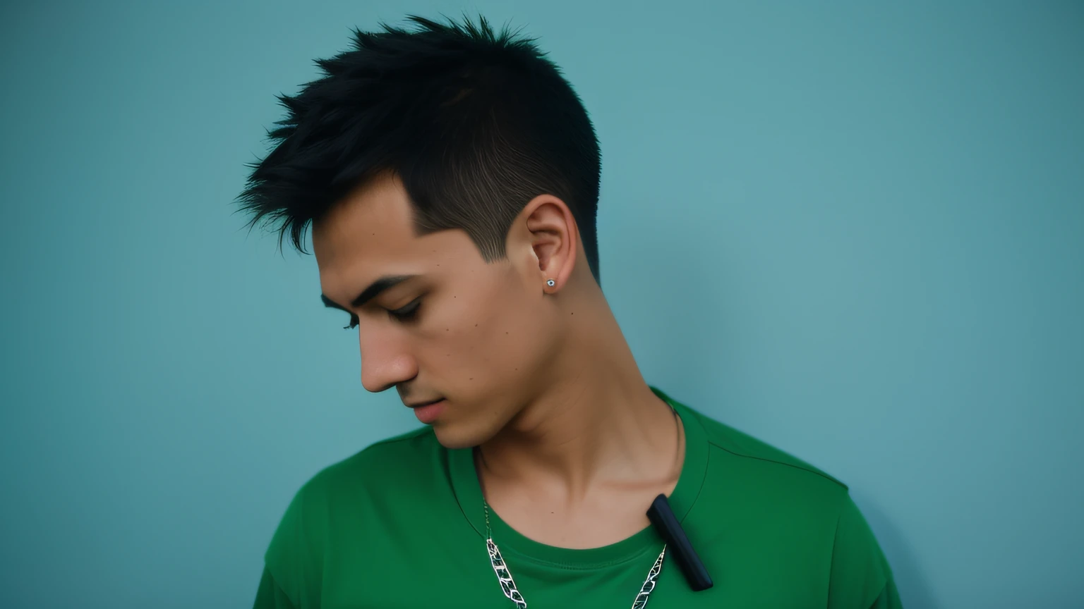 The Aalfed man in a green shirt looked down at his phone, Pointed chin, head and shoulders view, with a pointed chin, attractive neck, wearing collar on neck, one side haircut, left ear, boy has short black hair, boy thin face, side of head, Thin pointed chin, short hair on top of his head, prominent jawline, Measure the ear