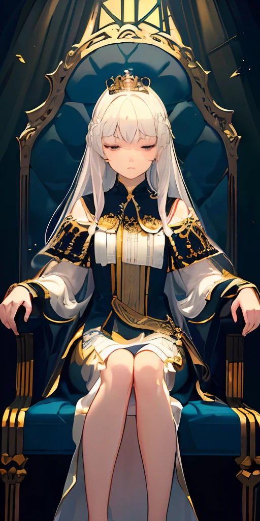(Masterpiece:1.2), best quality, (illustration:1.2), (ultra-detailed), hyper details, (delicate detailed), (intricate details), (cinematic light, best quality Backlights), clear line, from below, soloist, perfect body, (1girl), white hair and yellow eyes, (emperor, black see-through clothes), (crown: 1.1), sitting on the throne, eyes slightly closed, head down, (shy: 1.2 ), (makeup), high contrast, (best illumination, an extremely create and beautiful), (cinematic light), colorful,