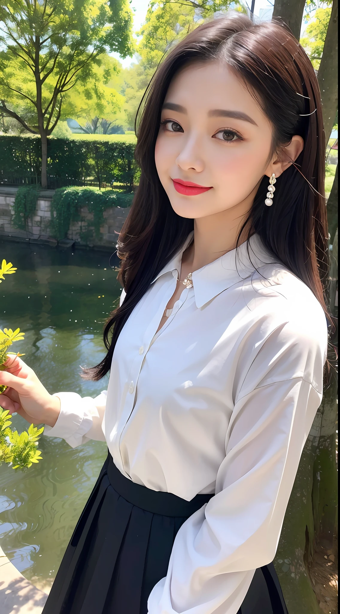 (best qualtiy，8K，32K，tmasterpiece，realisticlying，The is very detailed, hyper HD：1.2), 1girll，Star face，Butterfly hairpin，ssmile，The skin is white and red, The eyes are bright and alert,Semi-curved eyebrows, Swallow red lip gloss, Hairpins,Jet black hair，pleatedskirt，Pearl earrings，Green trees，There are small colorful flowers on the ground，Prominent characters，small bridges