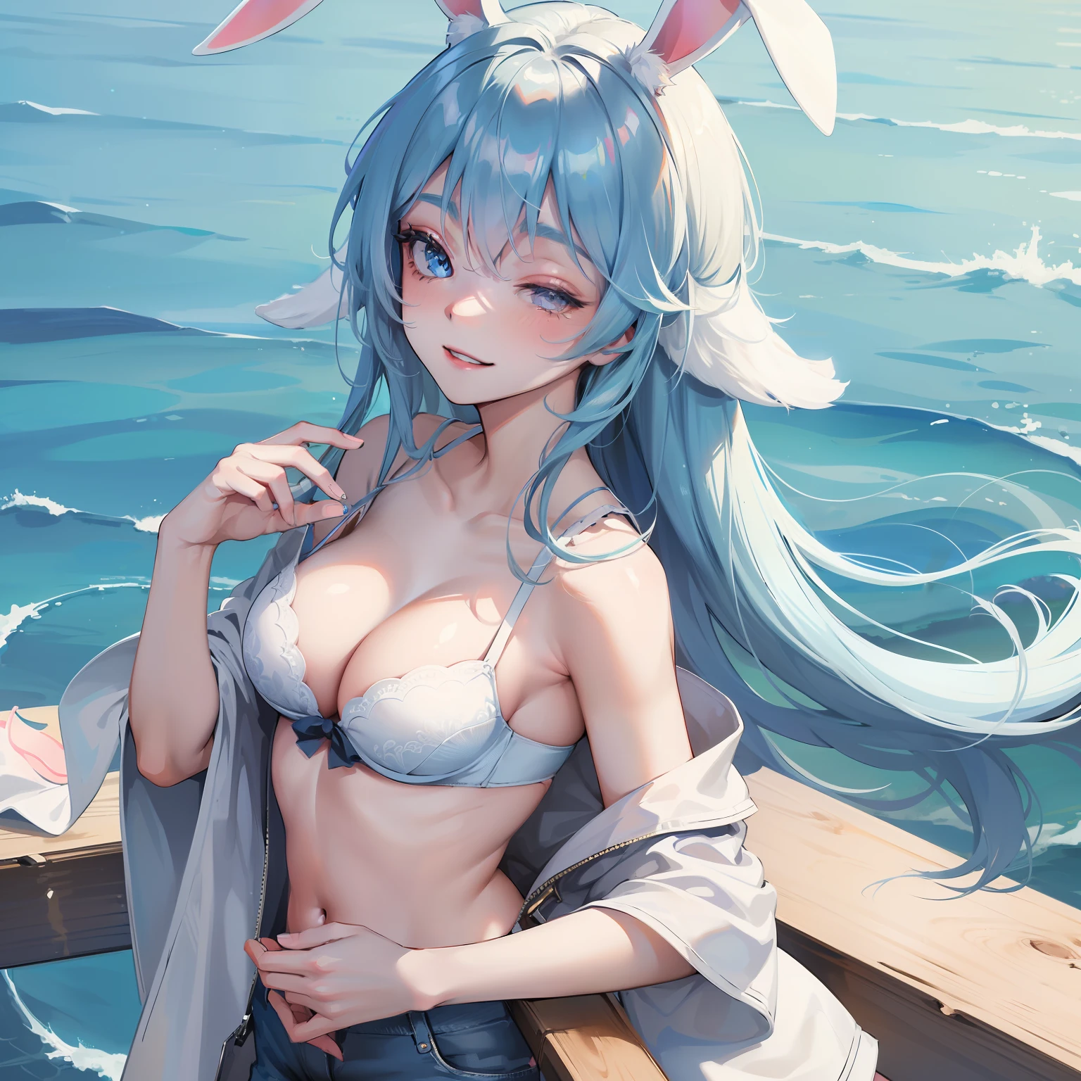 Absurdres, high res, ultrasharp, 8k, masterpiece, 1girl, clean skin, bunny ears, long light blue hair, eyes closed, smiling at viewer, over looking a lake, white bra , denim shorts, petit body, medium sized boobs, slightly blushing, hand out towards viewer