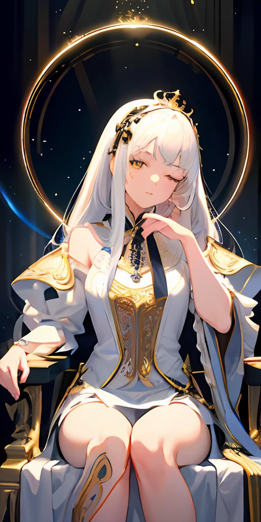 (Masterpiece:1.2), best quality, (illustration:1.2), (ultra-detailed), hyper details, (delicate detailed), (intricate details), (cinematic light, best quality Backlights), clear line, from below, soloist, perfect body, (1girl), white hair and yellow eyes, (emperor, black see-through clothes), (crown: 1.1), sitting on the throne, eyes slightly closed, head down, (shy: 1.2 ), (makeup), high contrast, (best illumination, an extremely create and beautiful), (cinematic light), colorful,