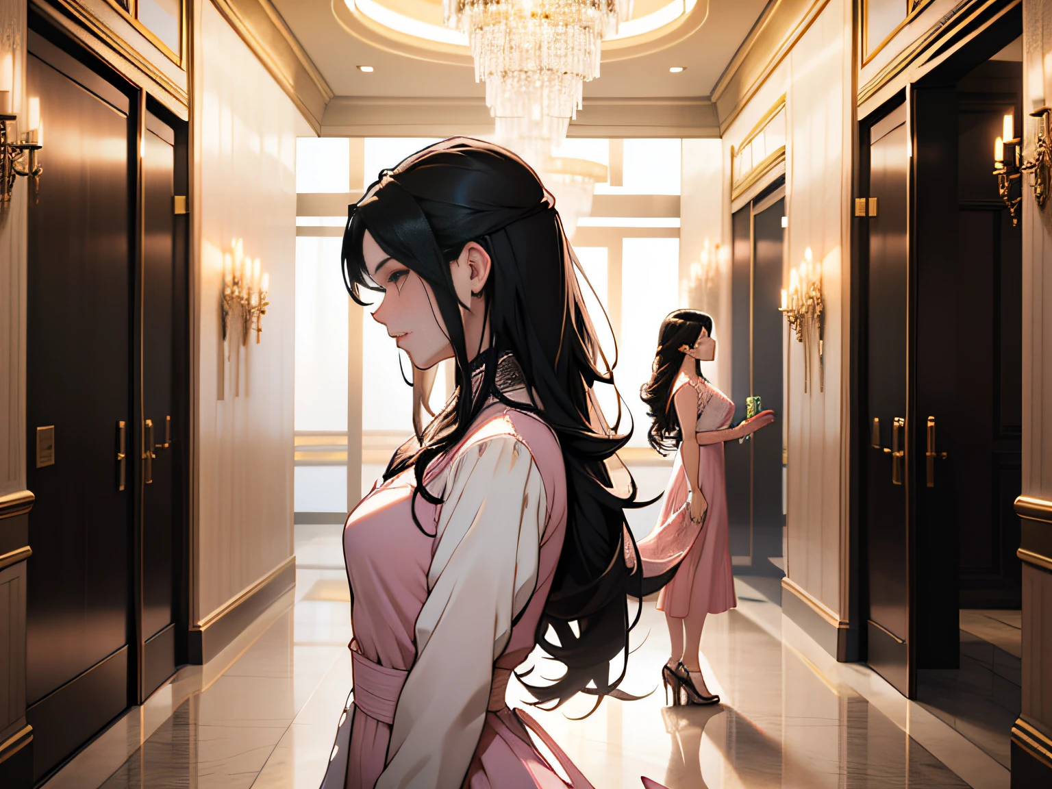 grand master，tmasterpiece，8k wallpaper，CG，Ultra-high image quality，light and shadow effect
（（One was wearing a pale pink dress，Elegant woman with long black hair））Waiting for the elevator，whole body display，Side view display，Luxury apartment lobby，Elevator