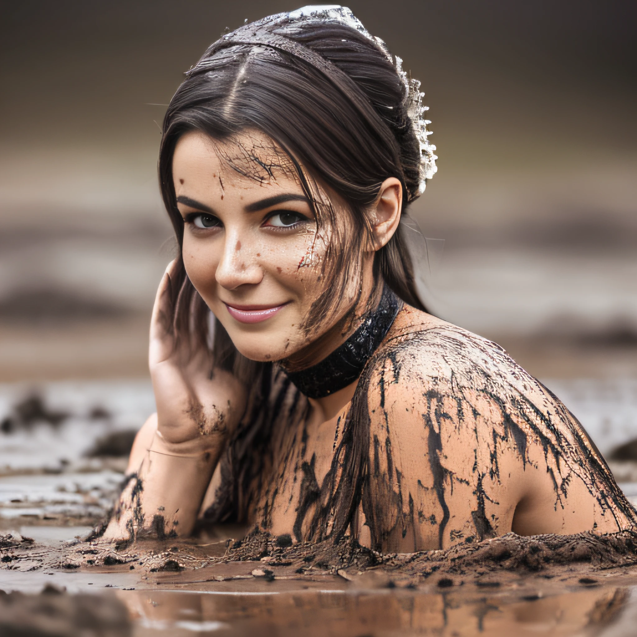 Hyperrealistic photograph of a woman in a white wedding dress splattered with mud, long white satin gloves, choker white dirty with mud, (Whole body view), der Schritt ist voller Schlamm, Schlammspritzer im Gesicht, das Gesicht ist mit Schlamm verschmiert, 30-year-old women bsmeared with mud, Lena meyer Landrut,schwarze lockige Haare mit Schlamm verschmiert, das Korsett ist mit Schlamm verschmiert, High quality, realistische Beleuchtung, Bildmitte, 8K, HDR, BDSM, medium breast size, lange Beine, professionelle Fotografie einer Frau, natural skin texture smeared with a lot of mud, 4K-Texturen, Adobe Lightroom, Fotolabor, HDR, kompliziert, elegant, sehr detailliert, scharfer Fokus, wahnsinnige Details, komplizierte Details, hyperdetailliert, Helles Kinolicht, Außenatmosphäre, Kinn hochgezogen, (exponierter Bauch: 1,8 ), Mund halb offen, smiling, (Fernaufnahme)