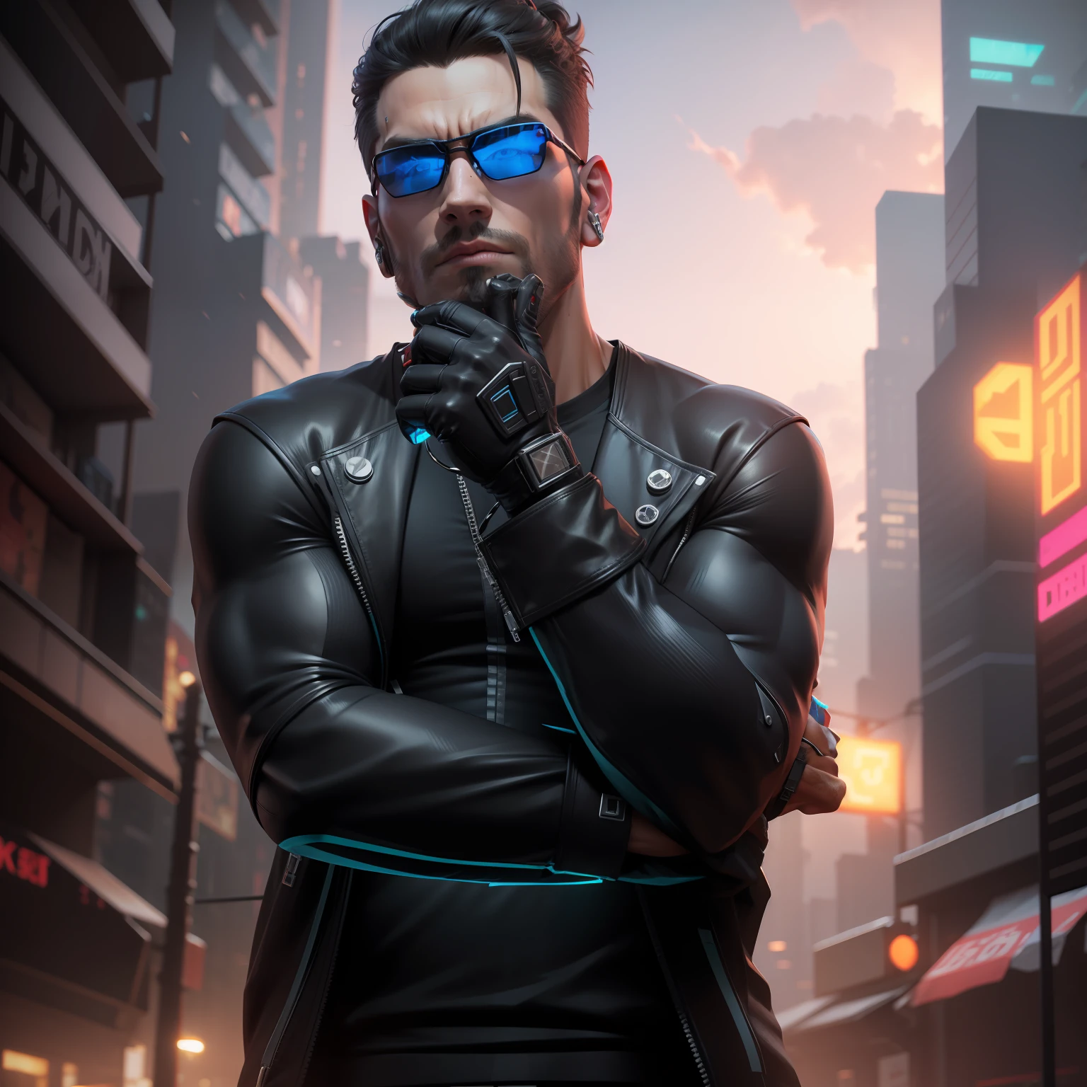 Convert into 3d model handsome, cyberpunk, muscles, sunglasses,8k