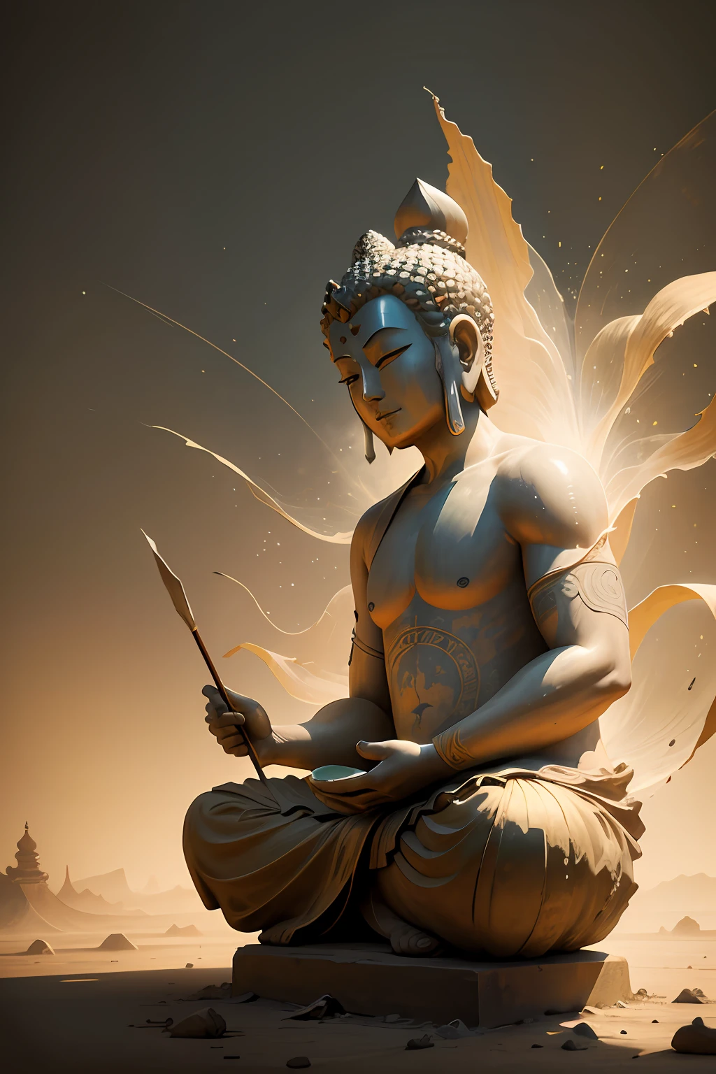 Buddha statue mural,(The murals are brightly colored,But tracked by corrosion),(8k wallpaper),(Ancient Chinese folk painter painting style),(Watercolor style painting),(Noticeable light and shadow effects),(Ray traching),(There is light particle tracing),(Fantasy mythological style),style of surrealism,(Extremely expressive drawing technique),Creative inspiration:Dunhuang murals,Ray