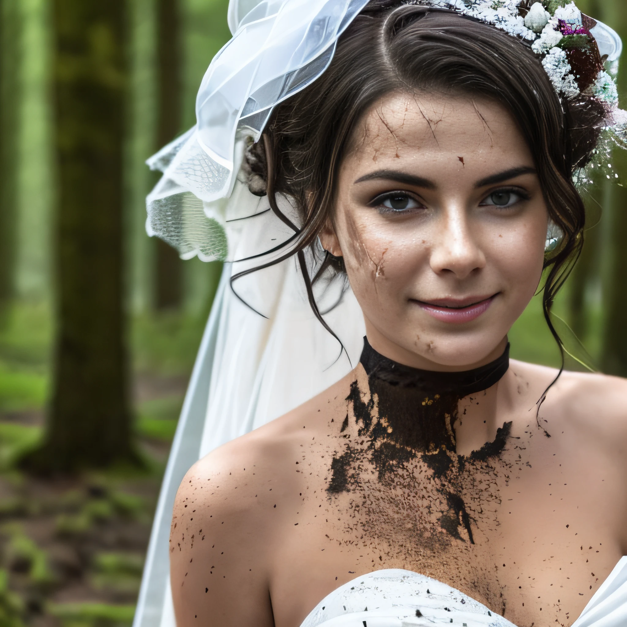Hyperrealistic photograph of a woman in a white wedding dress splattered with mud, long white satin gloves, choker white dirty with mud, (Whole body view), der Schritt ist voller Schlamm, Schlammspritzer im Gesicht, das Gesicht ist mit Schlamm verschmiert, 30-year-old women bsmeared with mud, Lena meyer Landrut,schwarze lockige Haare mit Schlamm verschmiert, das Korsett ist mit Schlamm verschmiert, High quality, realistische Beleuchtung, Bildmitte, 8K, HDR, BDSM, medium breast size, lange Beine, professionelle Fotografie einer Frau, natural skin texture smeared with a lot of mud, 4K-Texturen, Adobe Lightroom, Fotolabor, HDR, kompliziert, elegant, sehr detailliert, scharfer Fokus, wahnsinnige Details, komplizierte Details, hyperdetailliert, Helles Kinolicht, Außenatmosphäre, Kinn hochgezogen, (exponierter Bauch: 1,8 ), Mund halb offen, smiling, Fernaufnahme
