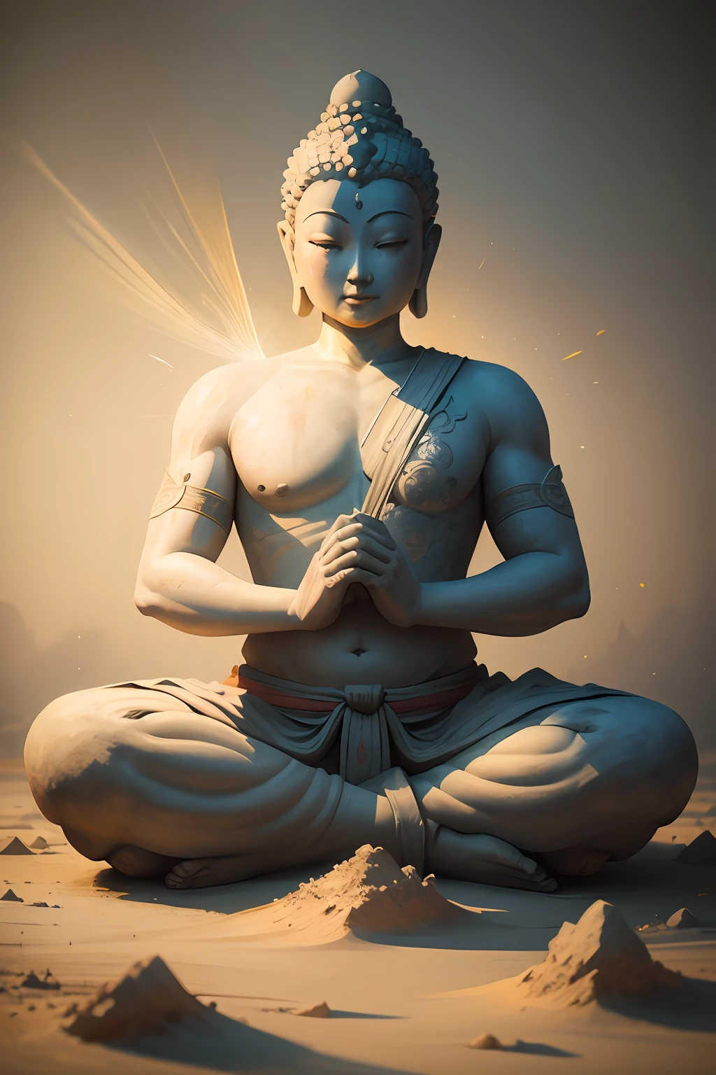 Buddha statue mural,(The murals are brightly colored,But tracked by corrosion),(8k wallpaper),(Ancient Chinese folk painter painting style),(Watercolor style painting),(Noticeable light and shadow effects),(Ray traching),(There is light particle tracing),(Fantasy mythological style),style of surrealism,(Extremely expressive drawing technique),Creative inspiration:Dunhuang murals,Ray