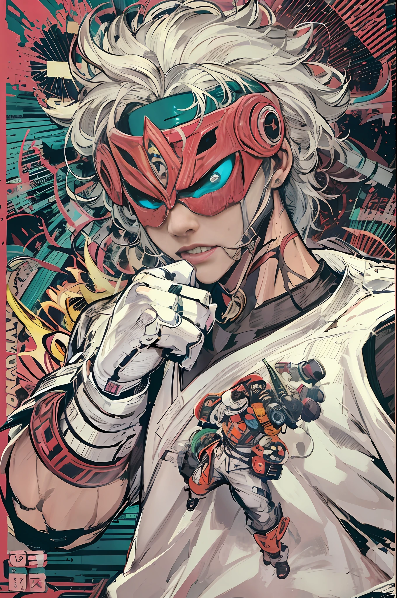 Luchador de Taekwondo, cyberpunk, con guantes de acero en las manos, en postura de lucha, con mirada enojada gritando, Imagen de cuerpo completo, en un ring de lucha, He's half human half machine, con el pelo largo y blanco. La imagen es de estilo anime, jujutsu estilo Kaisen. Calidad 8K, alta calidad, con muchos detalles