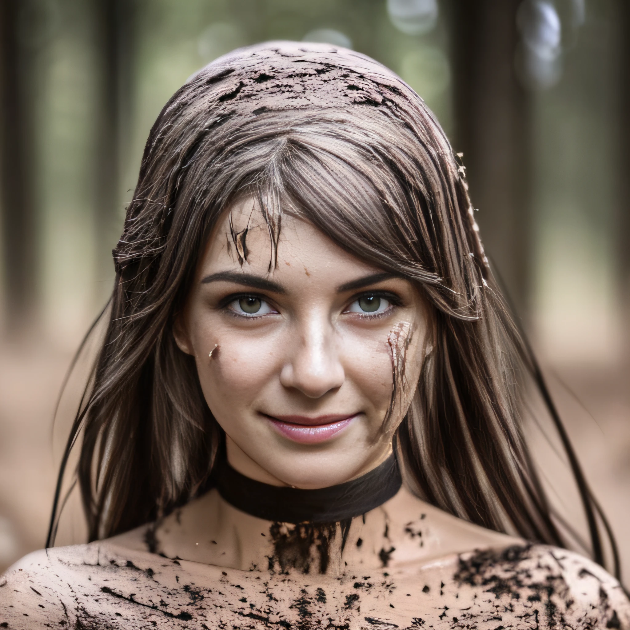 Hyperrealistic photograph of a woman in a white wedding dress splattered with mud, long white satin gloves, choker white dirty with mud, (Whole body view), der Schritt ist voller Schlamm, Schlammspritzer im Gesicht, das Gesicht ist mit Schlamm verschmiert, 30-year-old women bsmeared with mud, Lena meyer Landrut,schwarze lockige Haare mit Schlamm verschmiert, das Korsett ist mit Schlamm verschmiert, High quality, realistische Beleuchtung, Bildmitte, 8K, HDR, BDSM, medium breast size, lange Beine, professionelle Fotografie einer Frau, natural skin texture smeared with a lot of mud, 4K-Texturen, Adobe Lightroom, Fotolabor, HDR, kompliziert, elegant, sehr detailliert, scharfer Fokus, wahnsinnige Details, komplizierte Details, hyperdetailliert, Helles Kinolicht, Außenatmosphäre, Kinn hochgezogen, (exponierter Bauch: 1,8 ), Mund halb offen, smiling, (Fernaufnahme)