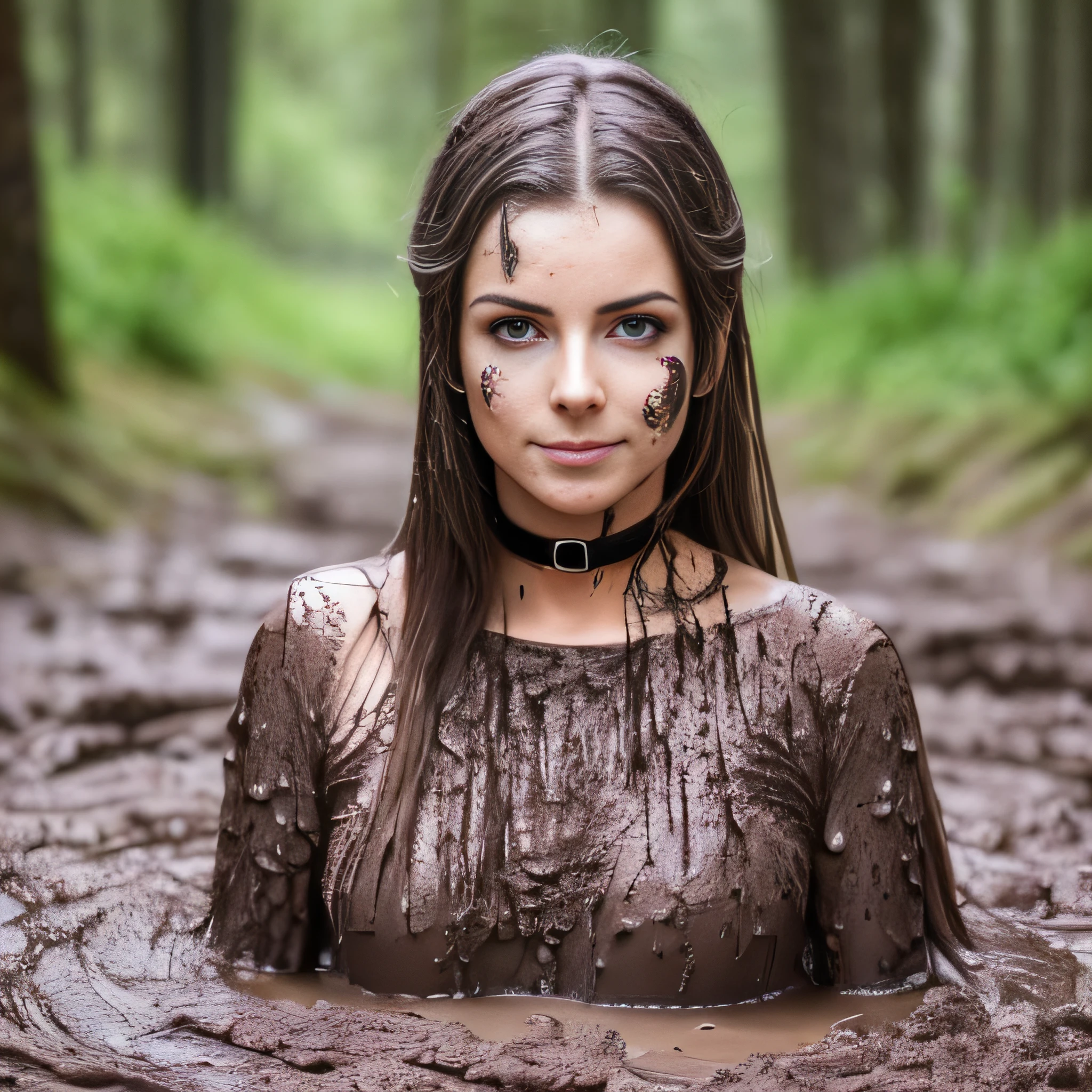 Hyperrealistic photograph of a woman in a white wedding dress splattered with mud, long white satin gloves, choker white dirty with mud, (Whole body view), der Schritt ist voller Schlamm, Schlammspritzer im Gesicht, das Gesicht ist mit Schlamm verschmiert, 30-year-old women bsmeared with mud, Lena meyer Landrut,schwarze lockige Haare mit Schlamm verschmiert, das Korsett ist mit Schlamm verschmiert, High quality, realistische Beleuchtung, Bildmitte, 8K, HDR, BDSM, medium breast size, lange Beine, professionelle Fotografie einer Frau, natural skin texture smeared with a lot of mud, 4K-Texturen, Adobe Lightroom, Fotolabor, HDR, kompliziert, elegant, sehr detailliert, scharfer Fokus, wahnsinnige Details, komplizierte Details, hyperdetailliert, Helles Kinolicht, Außenatmosphäre, Kinn hochgezogen, (exponierter Bauch: 1,8 ), Mund halb offen, smiling, (Fernaufnahme)