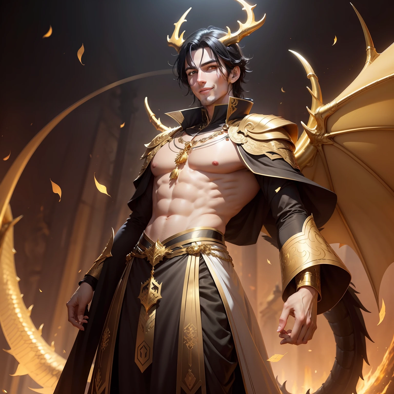 A tall guy with black hair and golden eyes, Light-colored clothes, A lot of gold, Dragon's Tail, wings, Antlers, a lot of golden scales,, smile face, Golden Fire, in full height, beatiful face, white clothing