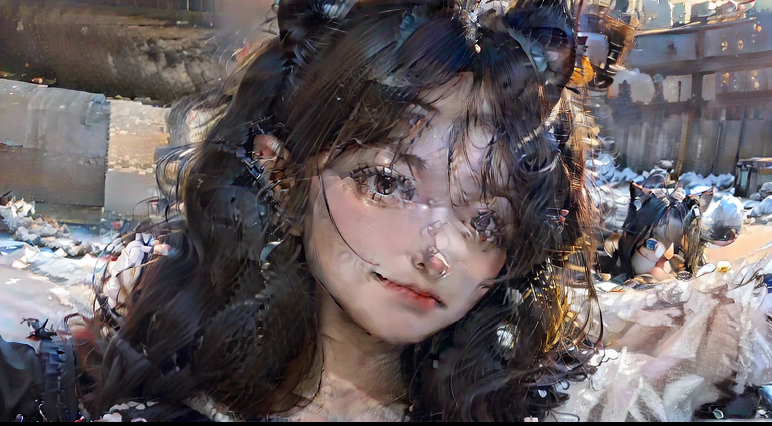 hair bobbles, wince, longeyelashes, solid circle eyes, fake animal ears, light smile, ear blush, fang, black hair, long hair, drop shadow, anaglyph, pov, atmospheric perspective, Hyperrealism, motion blur, 8k, ccurate, best quality, UHD, textured skin