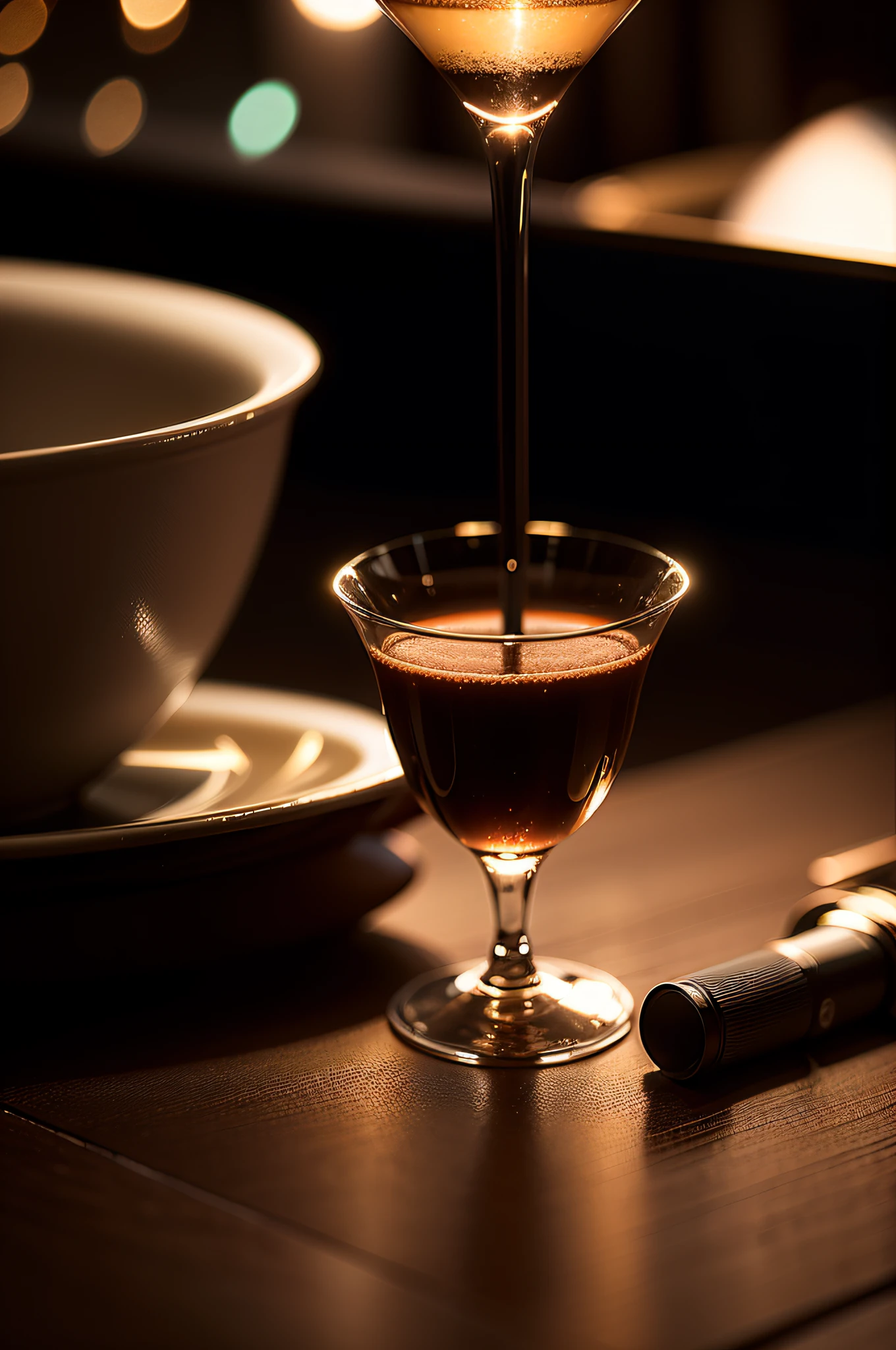 an elegant table with a cup of coffee, (((super realistic photography))), editorial style photo, with a lot of disco lighting, 4k, (((Photo taken with Canon R5 camera)))
