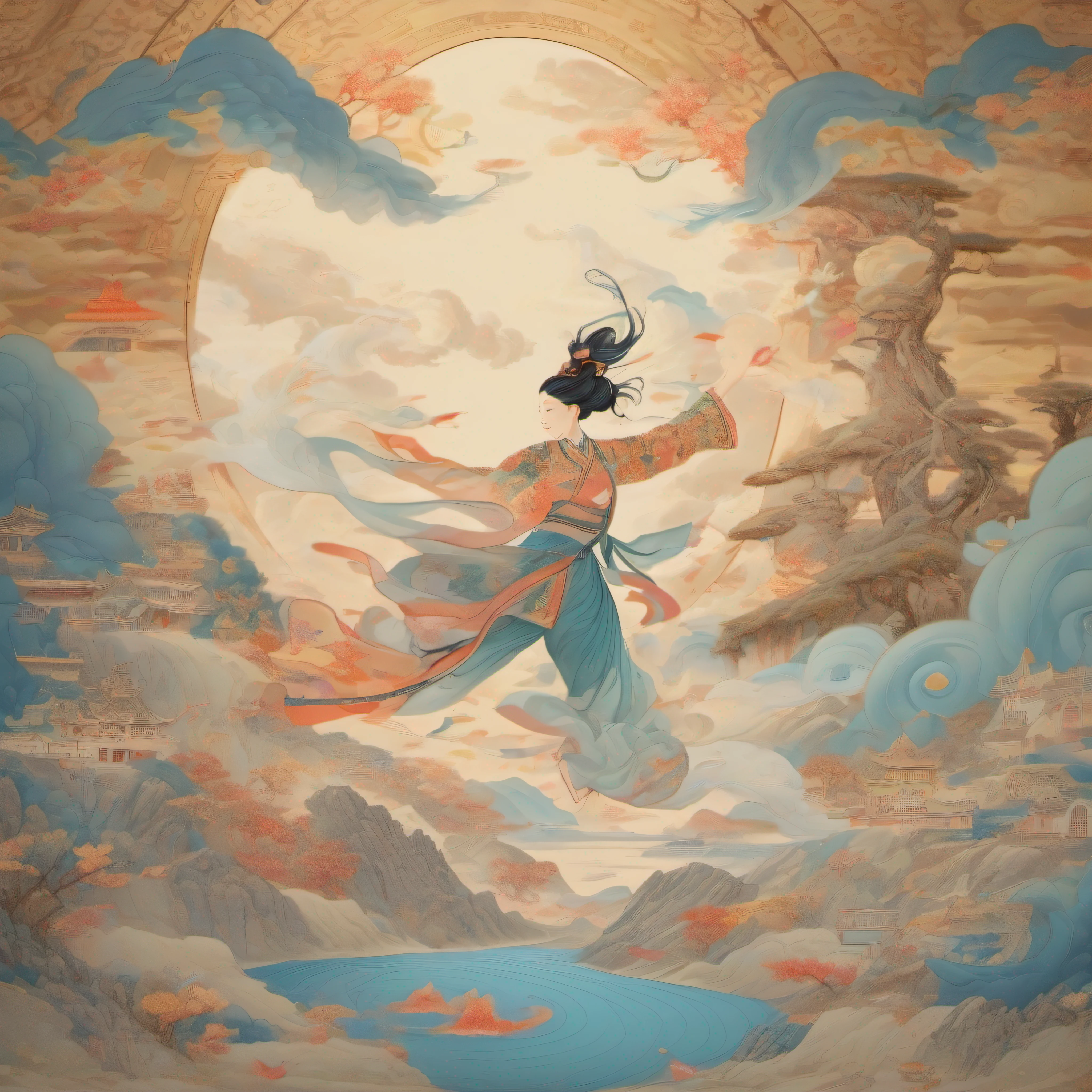 Dunhuang murals、A woman is dancing,Flying Dance,Flying water casing,Flowing placket,joyful expressions,A vast scene in the center of the composition, Best lenses, mountain water、Palace Gardens、high detal、Birds、floating cloud,Fine lines,Best quality, Masterpiece, (Realistic:0.6), realisticlying,Flower frame, Decorative panels, abstract artistic。
james jean and wlop, Artgerm and James Jean, james jean and peter mohrbacher, A beautiful artwork illustration, james jean and victo ngai, Chinese fantasy, james jean soft light 4 k, james jean soft light 4k, james jean art, mohrbacher, james jean artwork,Beauty photos, Photorealistic, display, 8K, rendering by octane, illusory engine, Very detailed, concept-art, Realistic,Dunhuang mural style、 Faded oil paints、flying into the sky、 Beautiful view