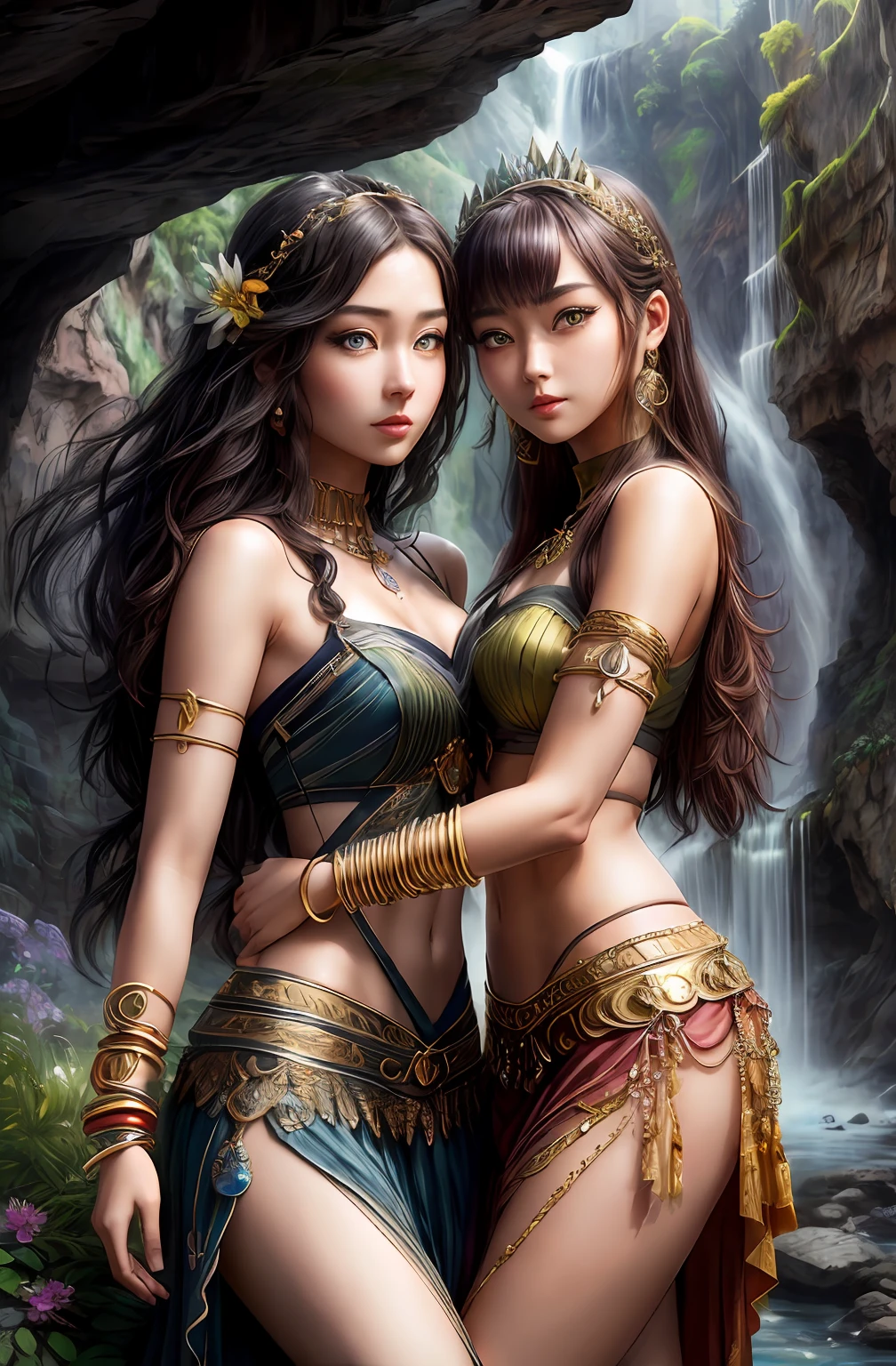 ((Realistic:1.5)),Ulzzang-6500:1.4,((Best quality)), ((Masterpiece)),((Detailed)),2girls,duo,{2 beautiful women}, (Upper body:1.3),Hug and touch each other, Tease your friend's waist, Breathless friends, Biting a friend's earlobe, crouched,super wide shot,Face focus, Long legs,Curvy, Barefoot,Wide hips, Thin legs, Oversized eyes,Long eyelashes, (Detailed face,beautidful eyes, detailedpupils,detailed clothes features, Clear background:1.3), (armlets, bangle:1.3), Mysterious ancient ruins, floresta exuberante, Deep canyon,bridge,River,cliff,Cloud,lakes,Rock music,Waterfalls, Flowers, Grass,grape trees,tree,bright detail,Sharp,Perfect compounding, Intricate, Sharp focus, Dramatic,