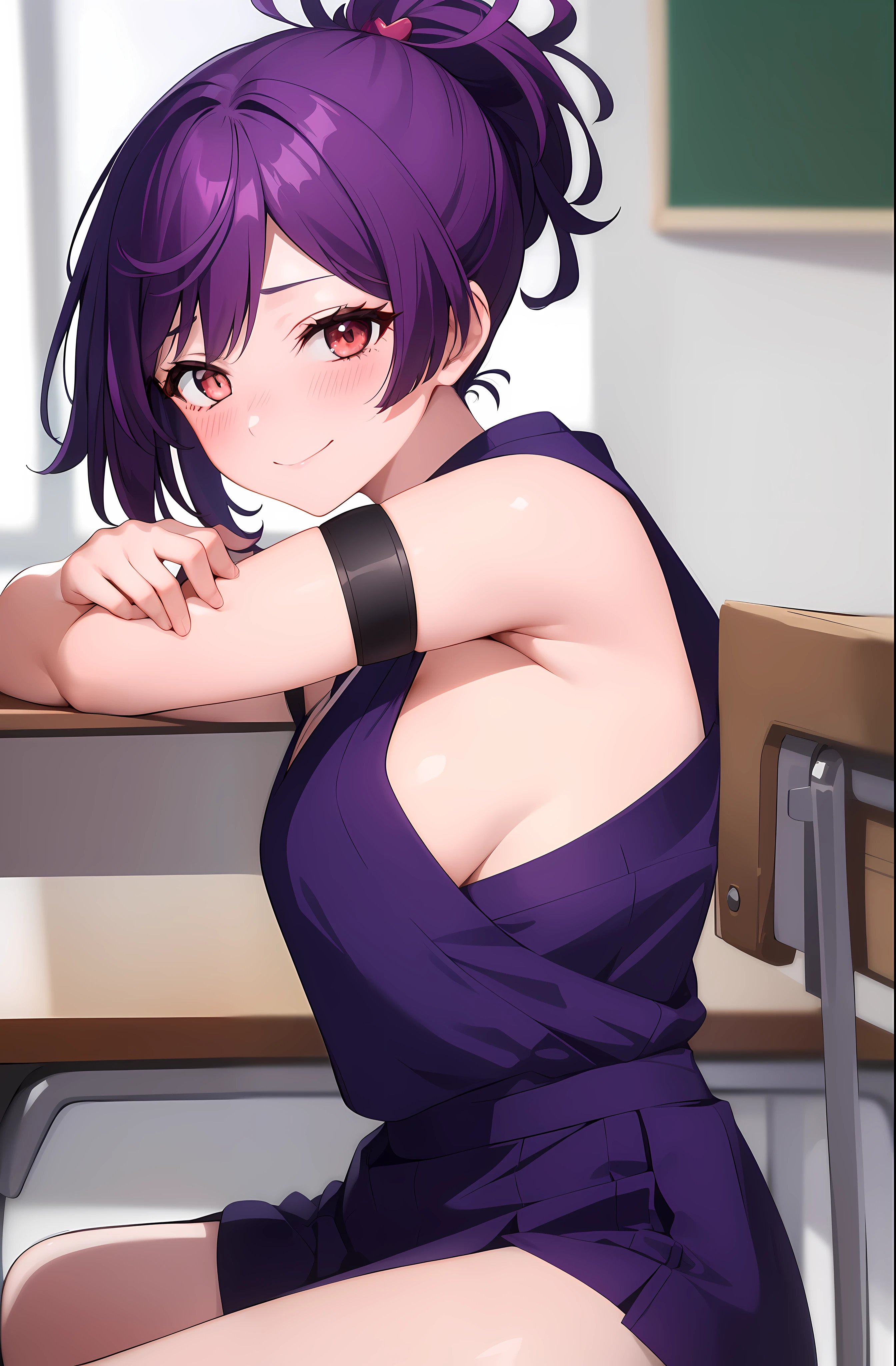 (1girl, solo), best quality, masterpiece, (leaning over:1.4), 1girl, yuzuriha_(jigokuraku), purple hair, brown eyes, cleavage, small breasts, topknot, medium hair, breasts apart, seductive smile, (blush:1.1), japanese exterior, classroom, beautiful pose, (school outfit), (perfect fingers, perfect hands)