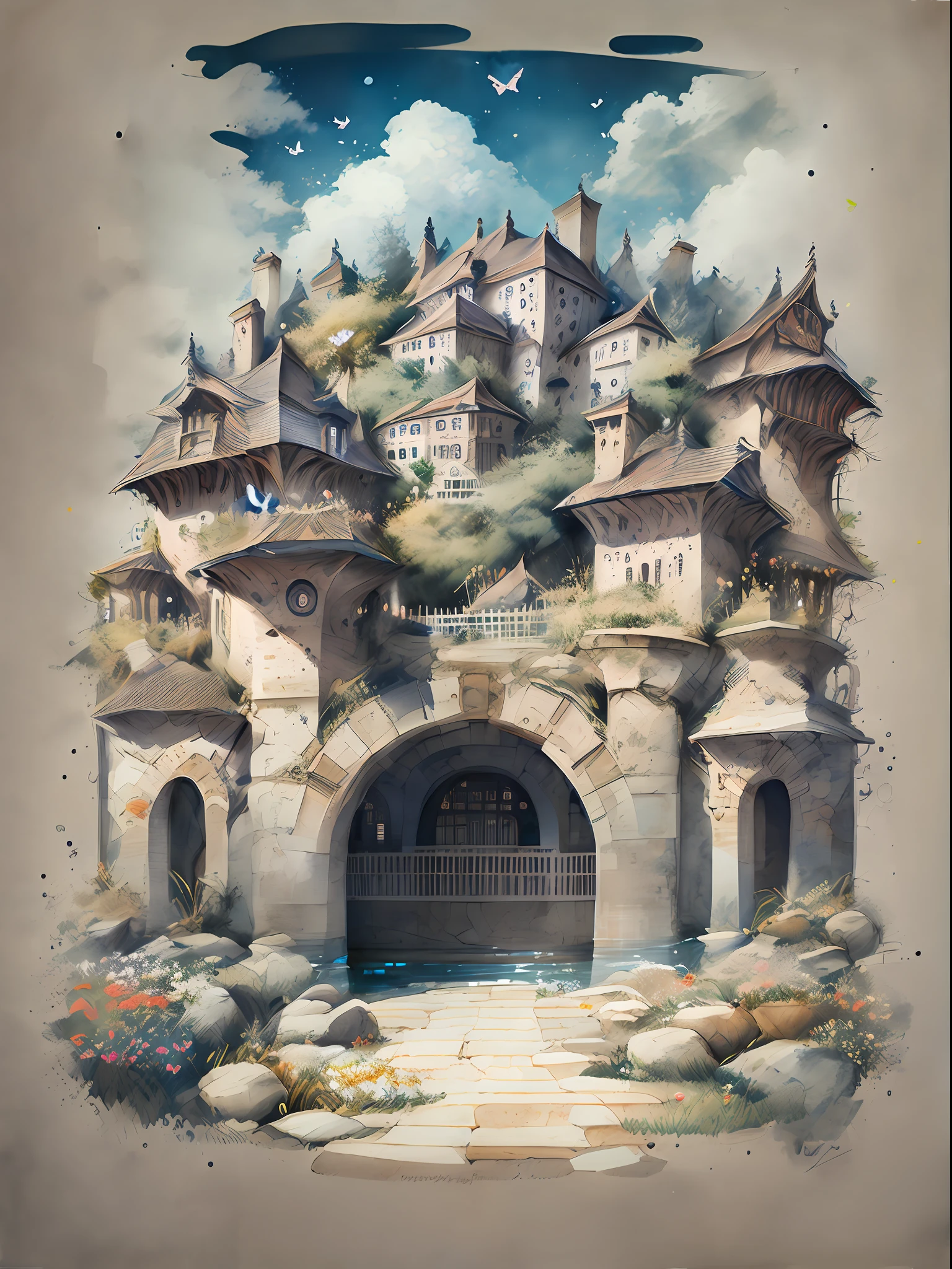 miaobishenghua , [(White background:1.5)::5], 1 girl, Medium Shot Shot, full bodyesbian, Butterflies, Flowers,floating petal,stone fragment, beautiful detailed  water,Cloud,Sun,Dusk,Sunset,beautiful detailed gate,