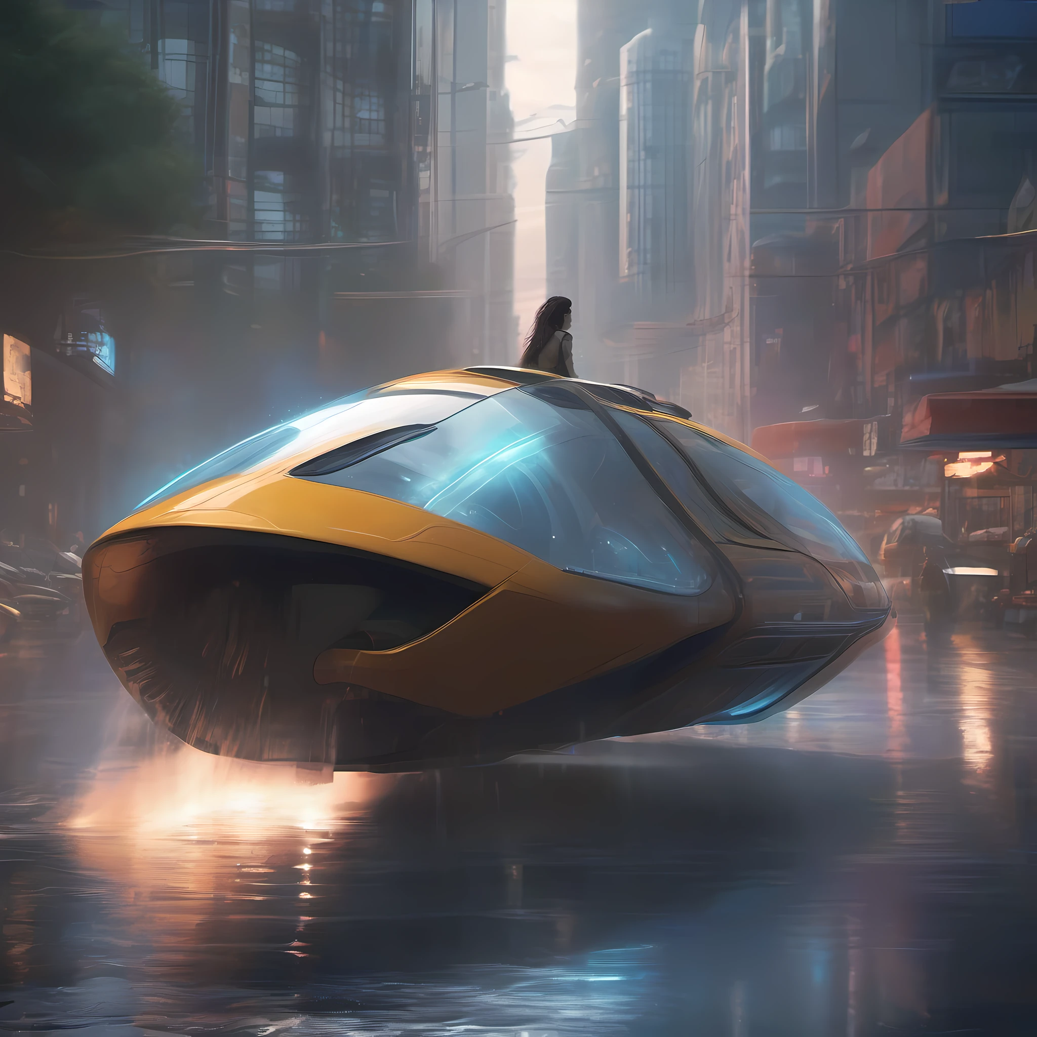 a brunette female running across the street to an open door on small angular luxury hovercraft, futuristic road with two thin bars of light bordering the street, tall and colorful buildings all around reflecting from the asphalt, water vaporizes under hovercraft from heat, raining out, sci fi futuristic scene, city, knee level shot, cinematic lighting, backlighting, dark