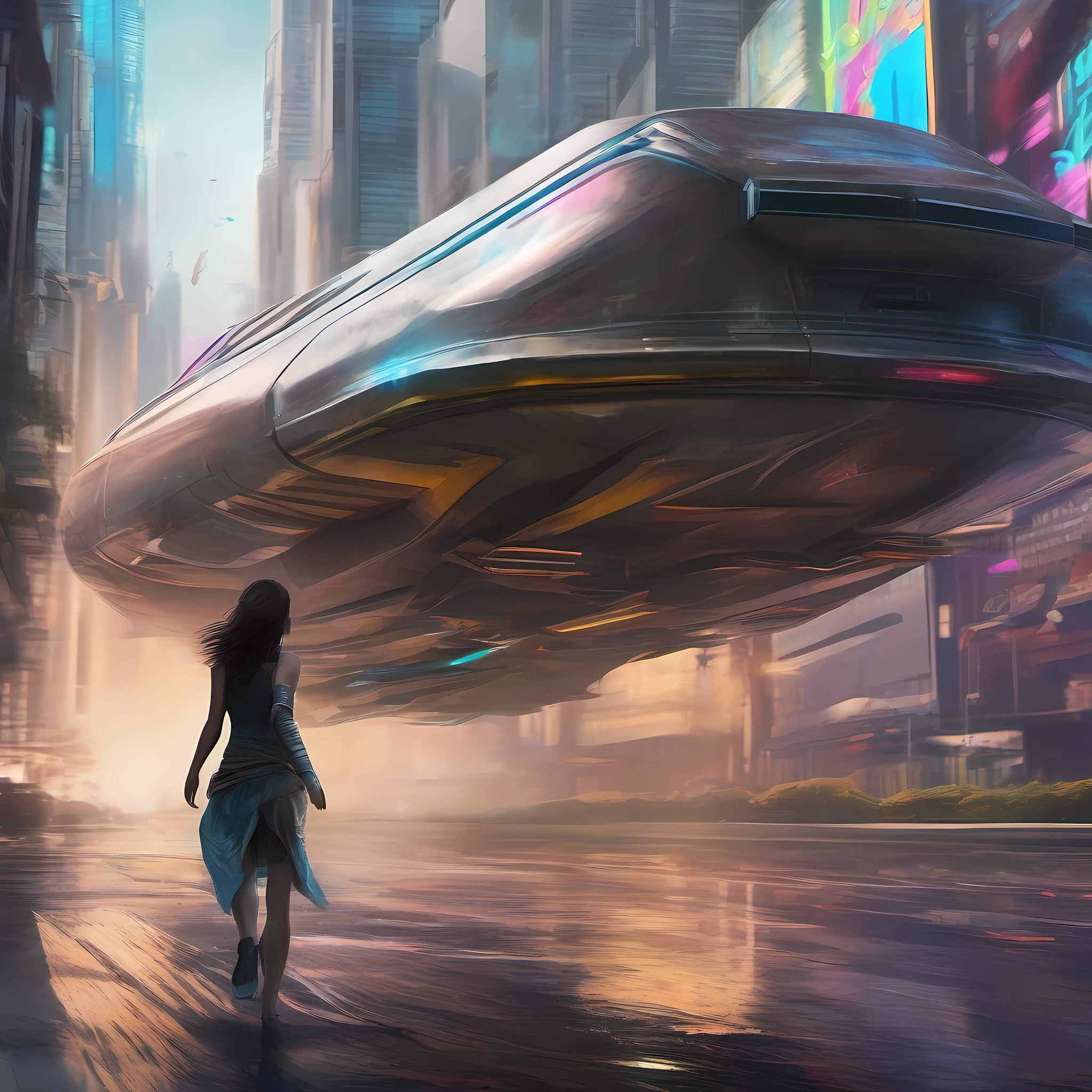a brunette female running across the street to an open door on small angular luxury hovercraft, futuristic road with two thin bars of light bordering the street, tall and colorful buildings all around reflecting from the asphalt, water vaporizes under hovercraft from heat, raining out, sci fi futuristic scene, city, knee level shot, cinematic lighting, backlighting, dark