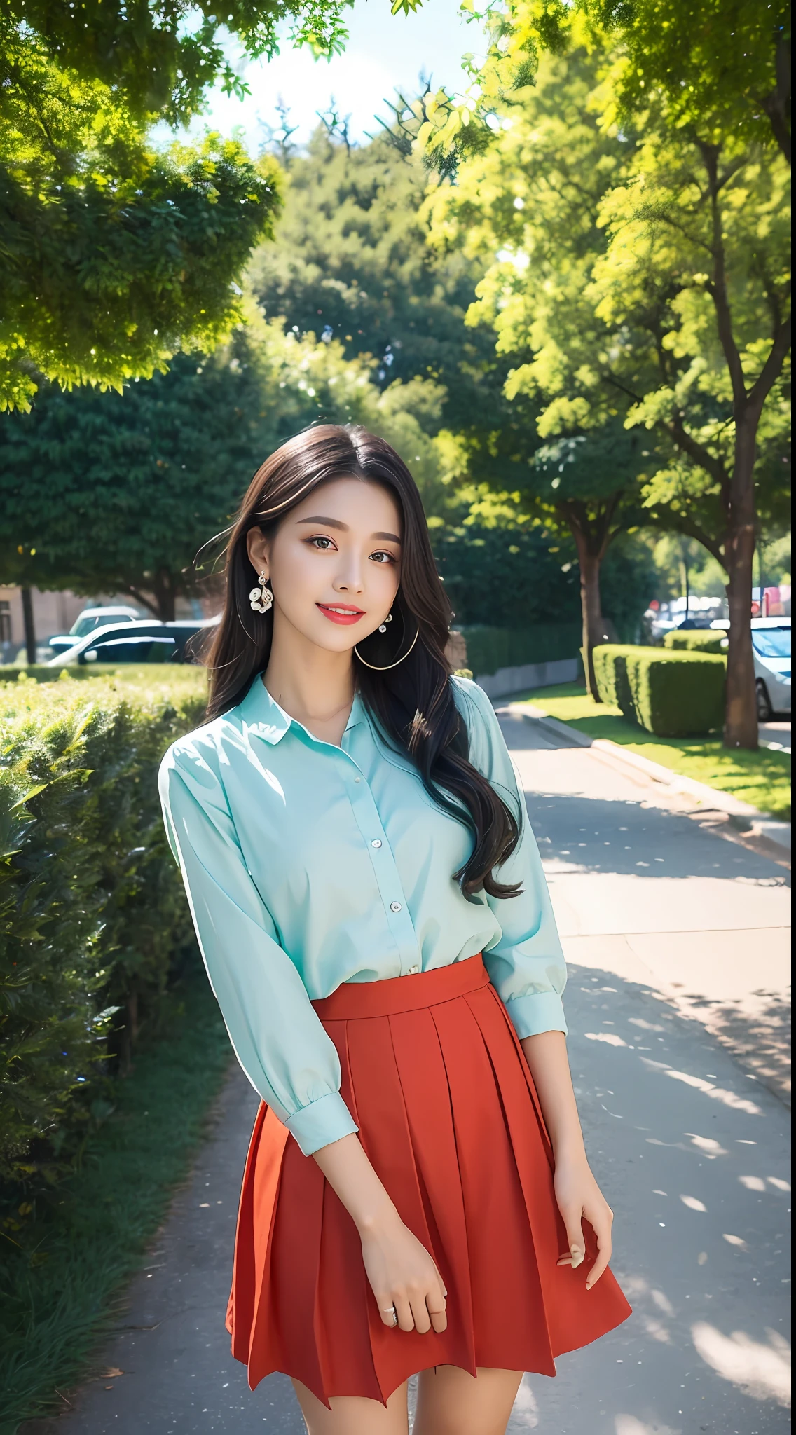 (best qualtiy,8K,32K,tmasterpiece,realisticlying,The is very detailed, hyper HD:1.2), 1girll,Star face,Butterfly hairpin,ssmile,The skin is white and red, The eyes are bright and alert,Semi-curved eyebrows, Swallow red lip gloss, Hairpins,Jet black hair,pleatedskirt,Pearl earrings,Green trees,There are small colorful flowers on the ground,Prominent characters,the street