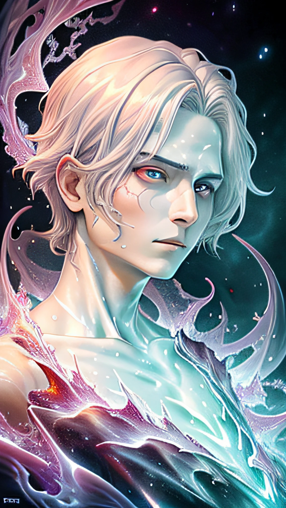 Realistic, (Masterpiece, Top Quality, Best Quality, Official Art, Beauty and Aesthetics: 1.2), Very Detailed, Fractal Art, Colorful, Most Detailed, Zentangle, (Abstract Background: 1.5) (1boy: 1.3), Gods, White Hair, (Glowing Red Eyes), Mysterious, (Magic), Ice, ((Lycoris radiata)), Yellow Springs Hell, Soul Ferryman, Ghost