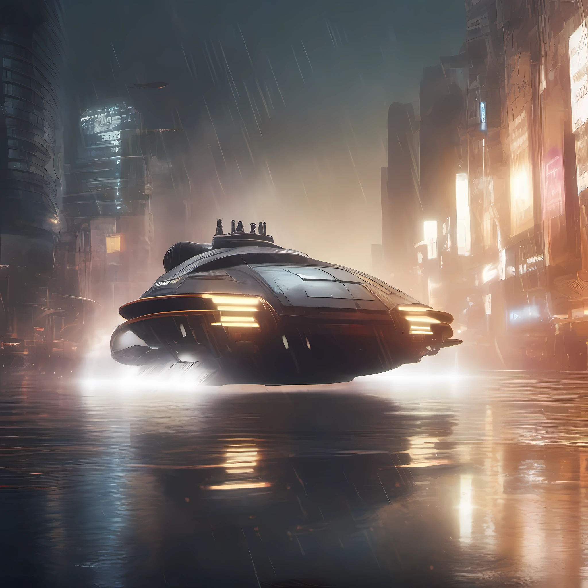 on a futuristic road with two thin bars of light bordering the street, a hovercraft flies by, floating and speeding as water vaporizes under it from heat, raining out, sci fi futuristic scene, city, knee level shot, cinematic lighting, backlighting, dark, distinct outlines, crisp detail, well composed