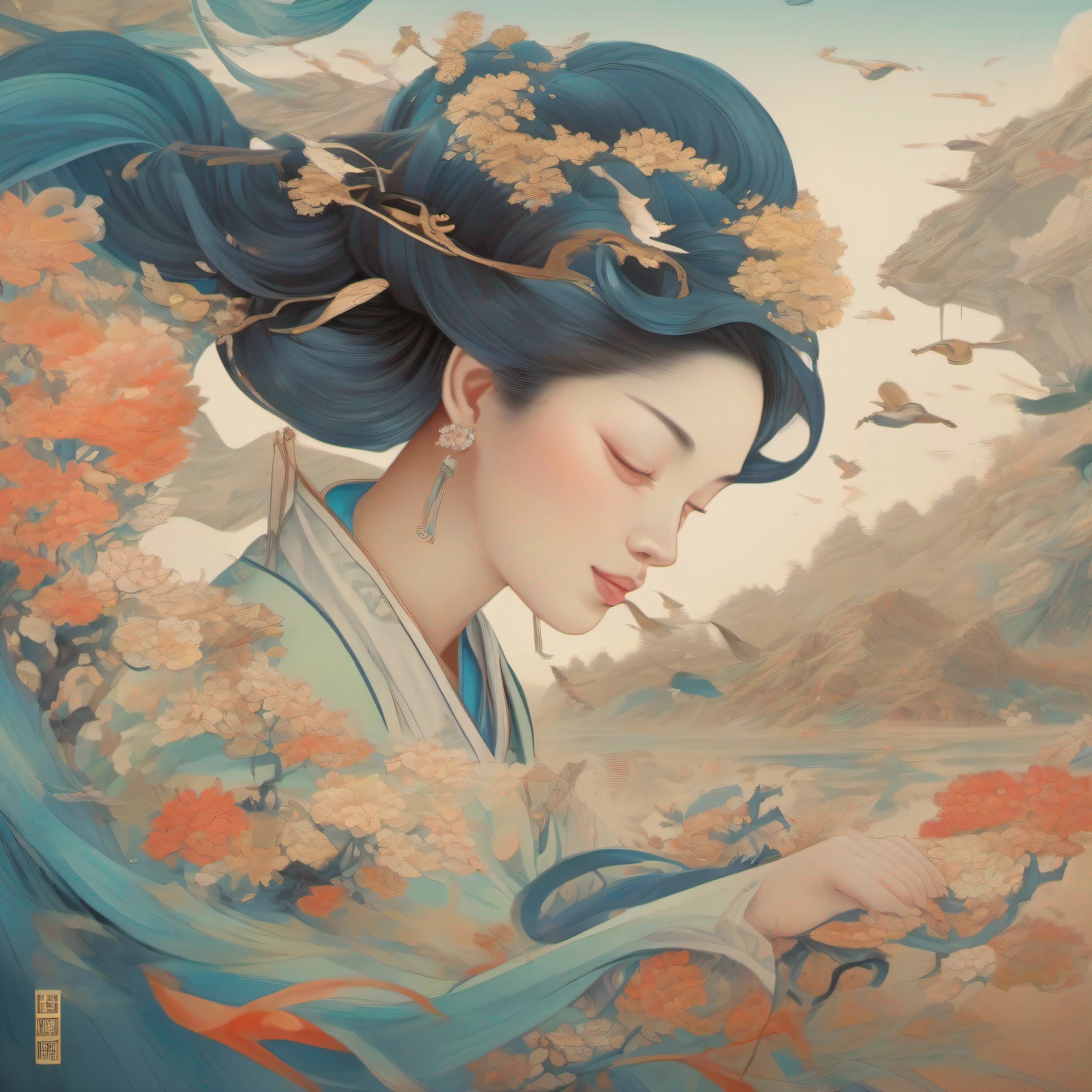 Dunhuang murals、A woman is dancing,Flying Dance,Flying water casing,Flowing placket,joyful expressions,A vast scene in the center of the composition, Best lenses, mountain water、Palace gardens、high detal、Birds、floating cloud,Fine lines,Best quality, Masterpiece, (Realistic:0.6), realisticlying,Flower frame, Decorative panels, abstract artistic。
james jean and wlop, Artgerm and James Jean, james jean and peter mohrbacher, A beautiful artwork illustration, james jean and victo ngai, Chinese fantasy, james jean soft light 4 k, james jean soft light 4k, james jean art, mohrbacher, james jean artwork,Beauty photos, Photorealistic, display, 8K, rendering by octane, illusory engine, Very detailed, concept-art, Realistic,Dunhuang mural style、 Faded oil paints、flying into the sky、 Beautiful view