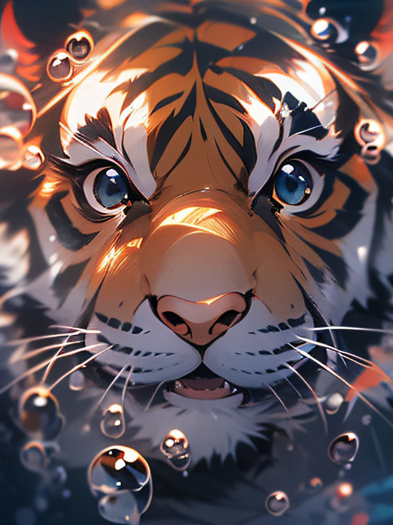 1 cute tiger, closeup face, Portrait, Furry, no man, in water, undersea, swimming, Blisters, bubbles, More Details, saturated colors, endearing smile, Best Quality, 8K, high saturation