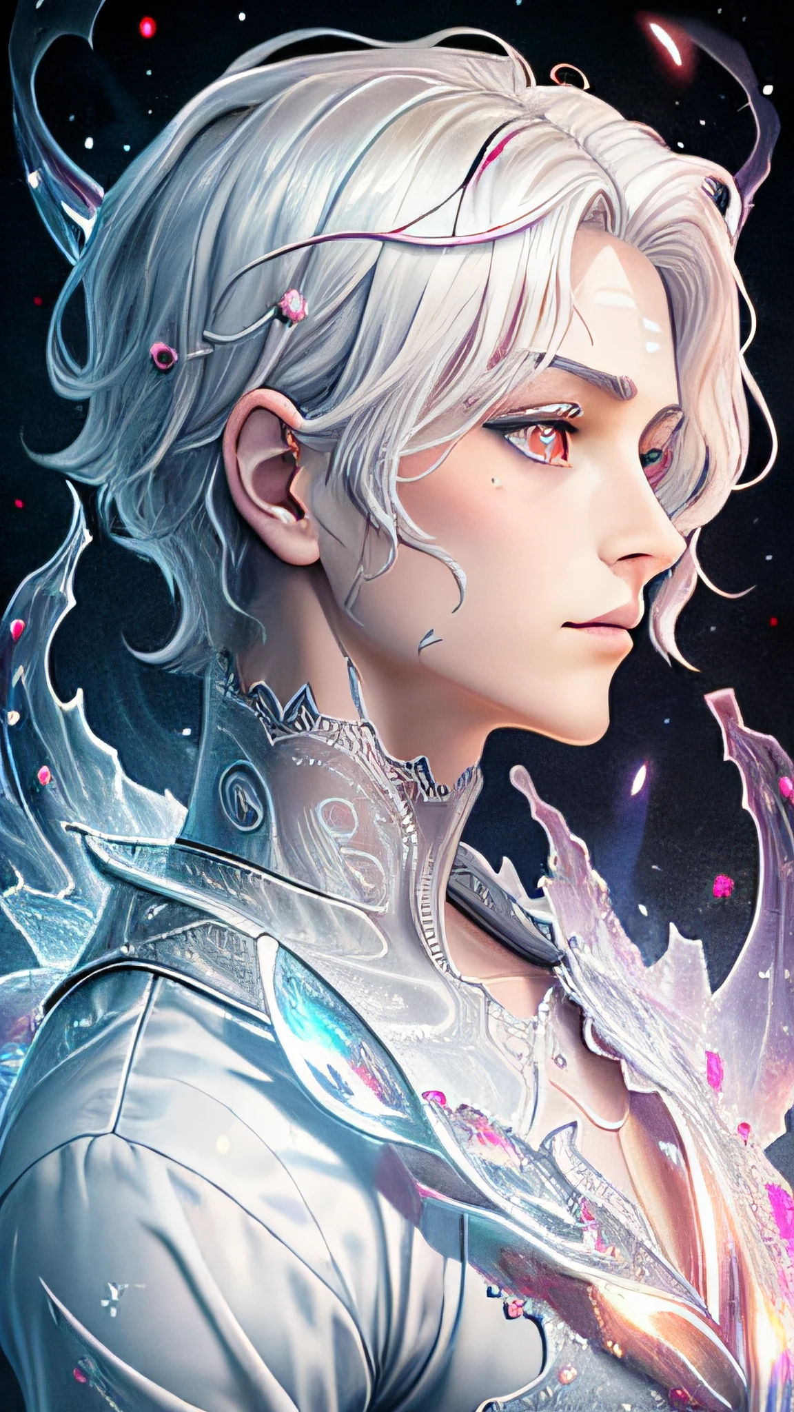 Realistic, (Masterpiece, Top Quality, Best Quality, Official Art, Beauty and Aesthetics: 1.2), Very Detailed, Fractal Art, Colorful, Most Detailed, Zentangle, (Abstract Background: 1.5) (1boy: 1.3), Gods, White Hair, (Glowing Red Eyes), Mysterious, (Magic), Ice, ((Lycoris radiata)), Yellow Springs Hell, Soul Ferryman, Ghost
