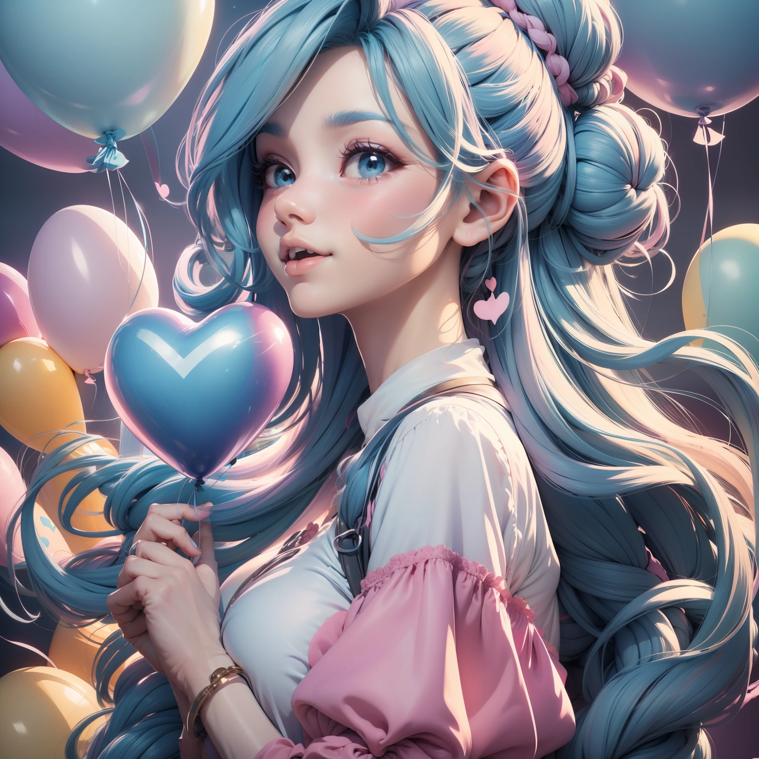 In this simple illustration, a woman holds a colorful heart-shaped balloon. Her hair is stuck in a messy bun as she looks up in awe. The background is filled with a pastel shade of light blue, evoking a sense of lightness and happiness.