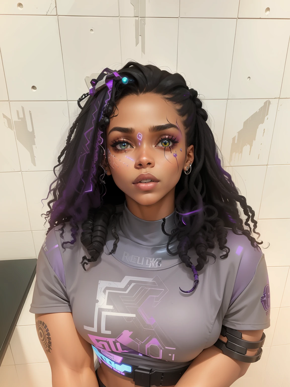 (melhor qualidade) cyborg negra, neon roxo