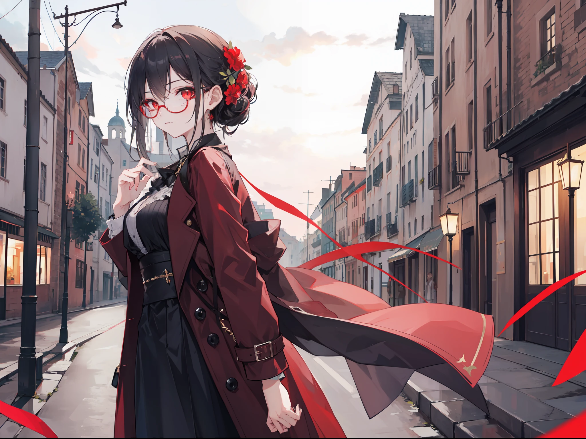 "4k night medieval city, dark atmosphere, there's a elegant mature woman, with black tied hair, glow red eyes and wears glasses, wears elegant black casual dress and coat, she look cool, she have red flower on her side hair"