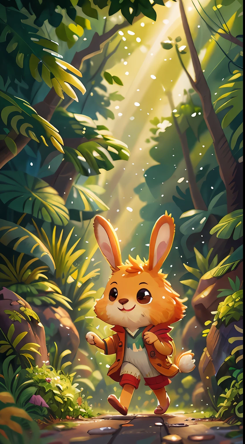 A rabbit walking in jungle road, smile, Watercolor, full body view, sunset, perfect quality, (masterpiece: 1.2)  (Bokeh background) (Best quality) (Detailed Skin: 1.3) (Intricate Details) (8K) (Detail Eyes) (Sharp Focus), (Happy), best lighting