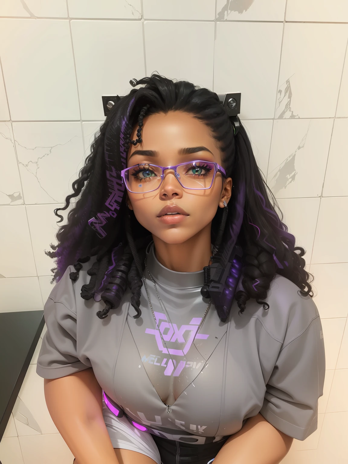 (melhor qualidade) cyborg negra, neon roxo