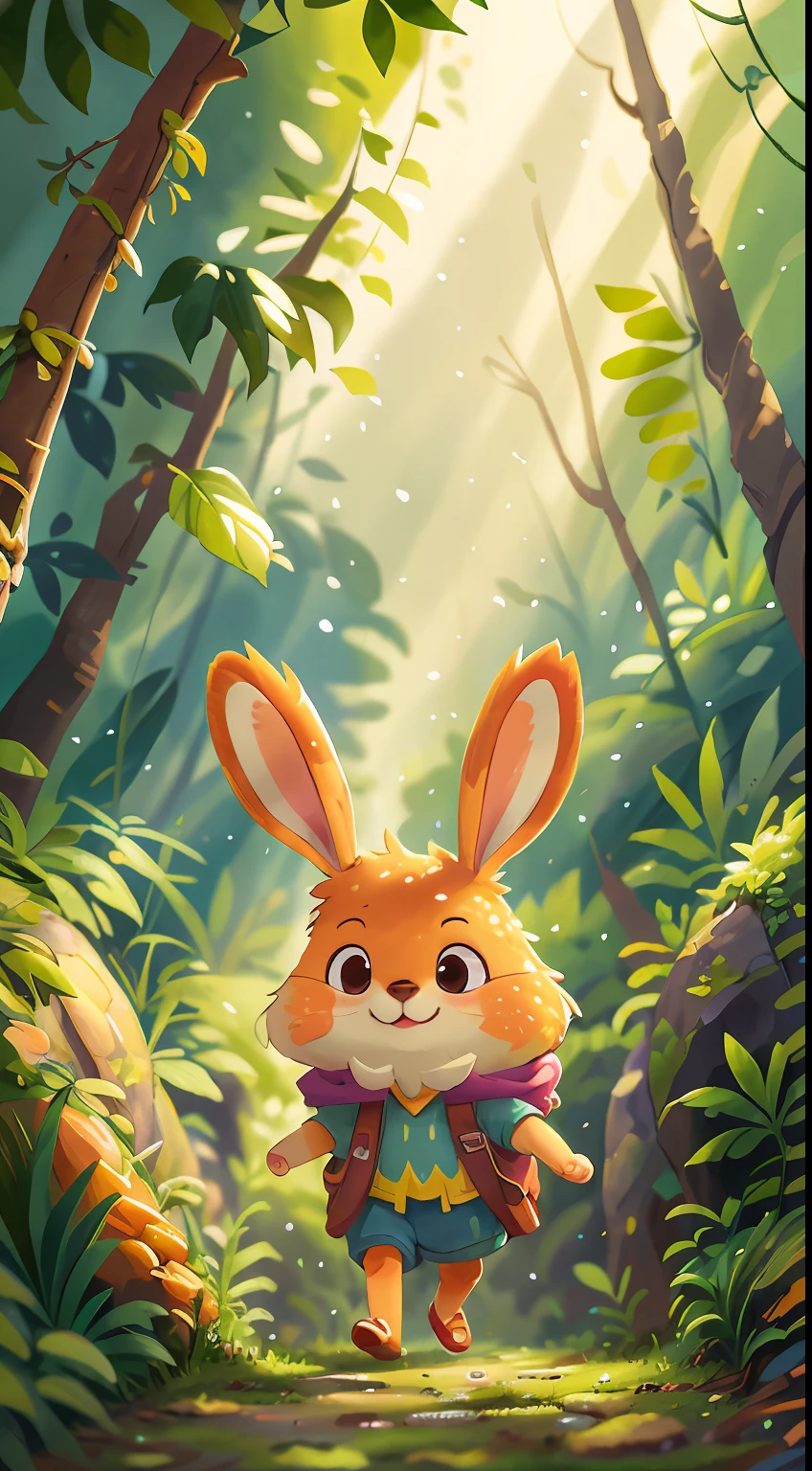 A rabbit walking in jungle road, smile, Watercolor, full body view, sunset, perfect quality, (masterpiece: 1.2) (Bokeh background) (Best quality) (Detailed Skin: 1.3) (Intricate Details) (8K) (Detail Eyes) (Sharp Focus), (Happy), best lighting