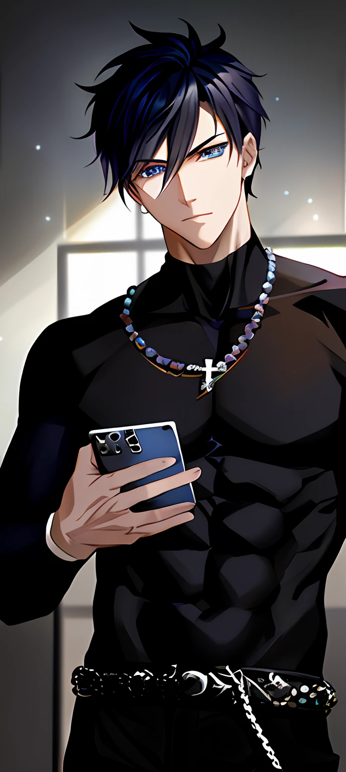 Close-up of a person holding a cell phone in a room, Handsome anime pose, beads cross onbare chest, male anime character, as an anime character, Male anime style, Open V chest clothes, anime man, Anime handsome man, handsome guy in demon killer art, profile picture 1024px, Tall anime guy with blue eyes