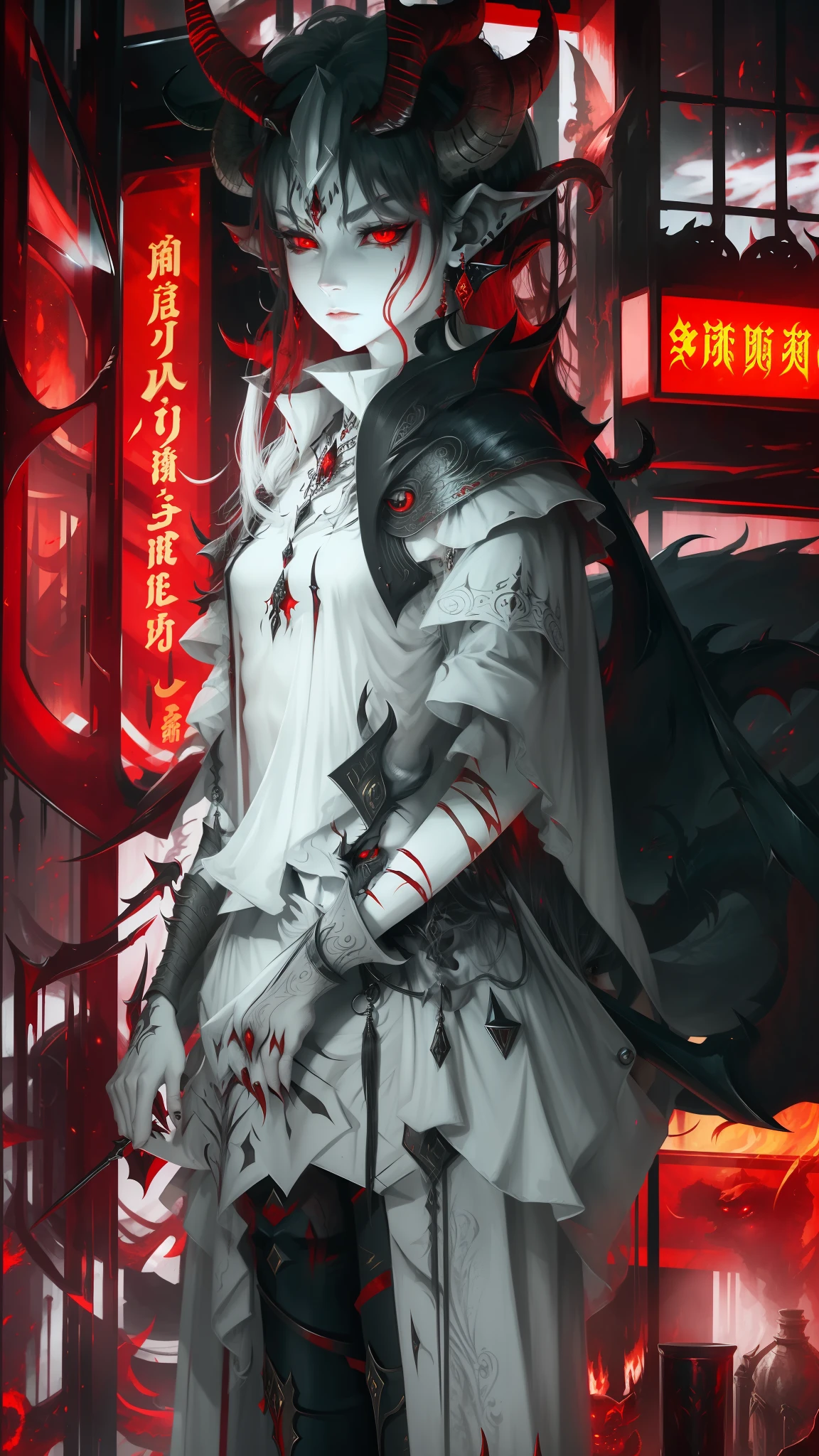 Demon with human face, horns, and a red forked tongue. red eyes and earrings on the ears. With long, black claws, best quality , masterpiece, high resolution, 4k