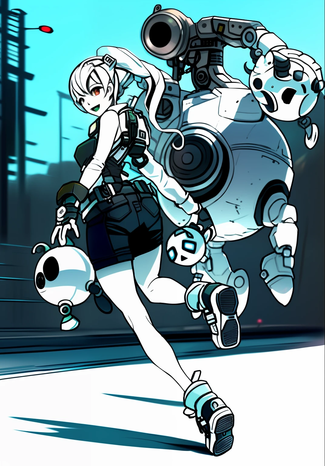 a drawing,A girl rides a skateboard,There is a robot behind him, Inspired by Masamune Shirow, clean lineart, heavy lineart, thick lineart, thick black lineart, hyper detailed line art, intense line art, lineart behance hd, perfect lineart, Line art!!, thick outline, heavy outline, clean anime outlines