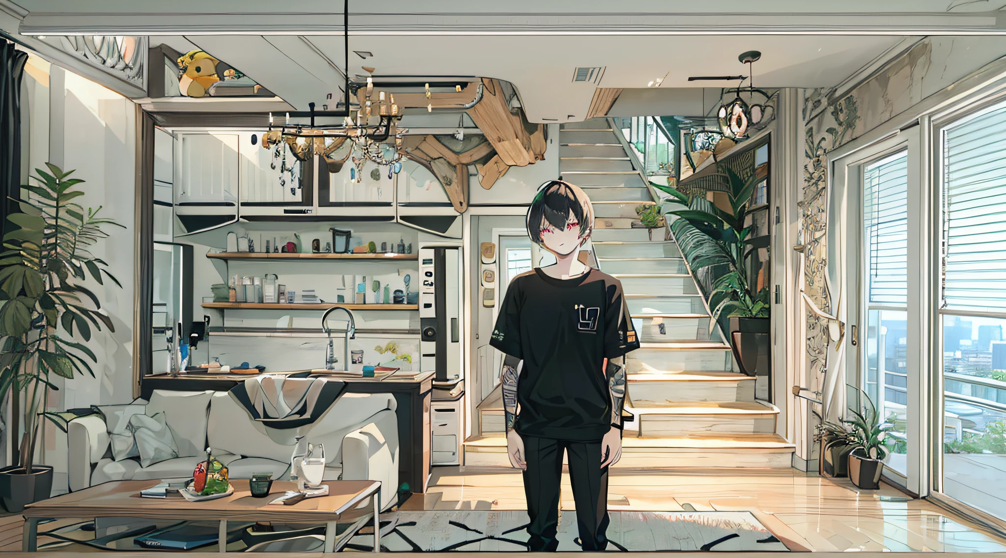 A 20-year-old boy,wearing a blacked shirt,brunette color hair,Black pupils,modernn architecture,in living room,Happy emoji