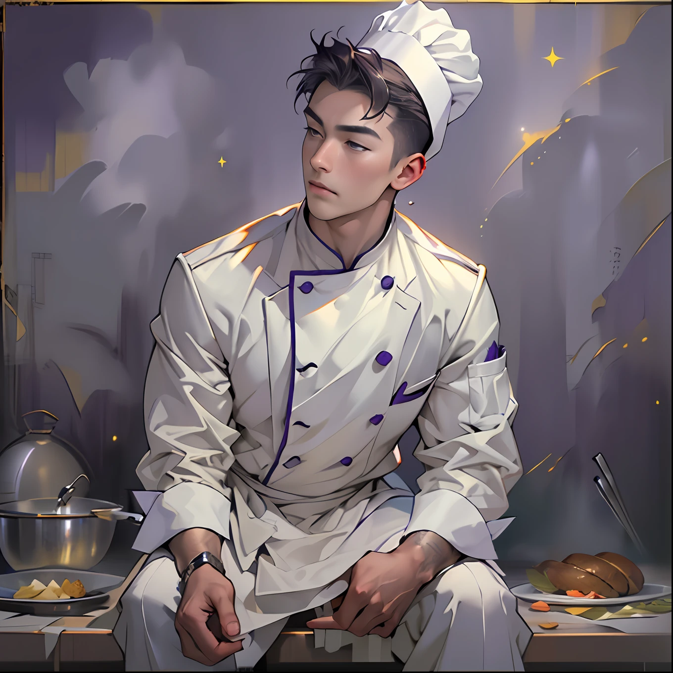 A young and handsome young man,Wear a chef's suit,facing at camera,Bust photo,(holding chin in hand:1.2),(Ponder low:1.5),in the style of the stars art group xing xing, 32K, Best quality, Masterpiece, Super detail, High details