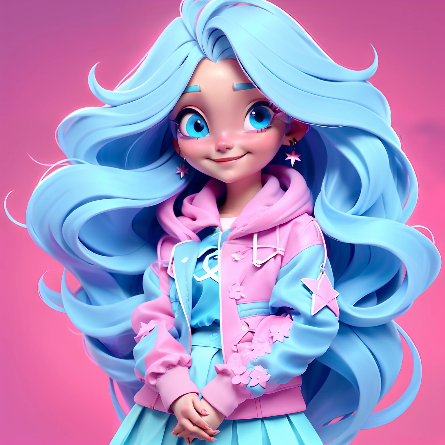 1girl, long hair, blue eyes, earrings, jewelry, solo, skirt, looking at viewer, PINK hair, smile, very long hair,star hair ornament, jacket, lips, simple background